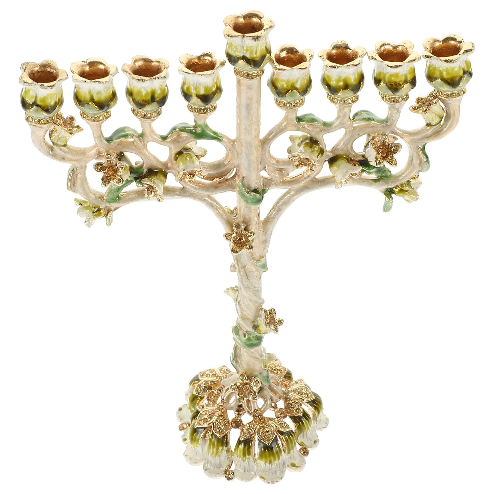 SHINEOFI Candelabro Menorá de 9 Brazos para Ceremonia Religiosa Diseño Vintage de Esmalte, Soporte Metálico Resistente Adecuado para Ambientación de Hanukkah Hogar