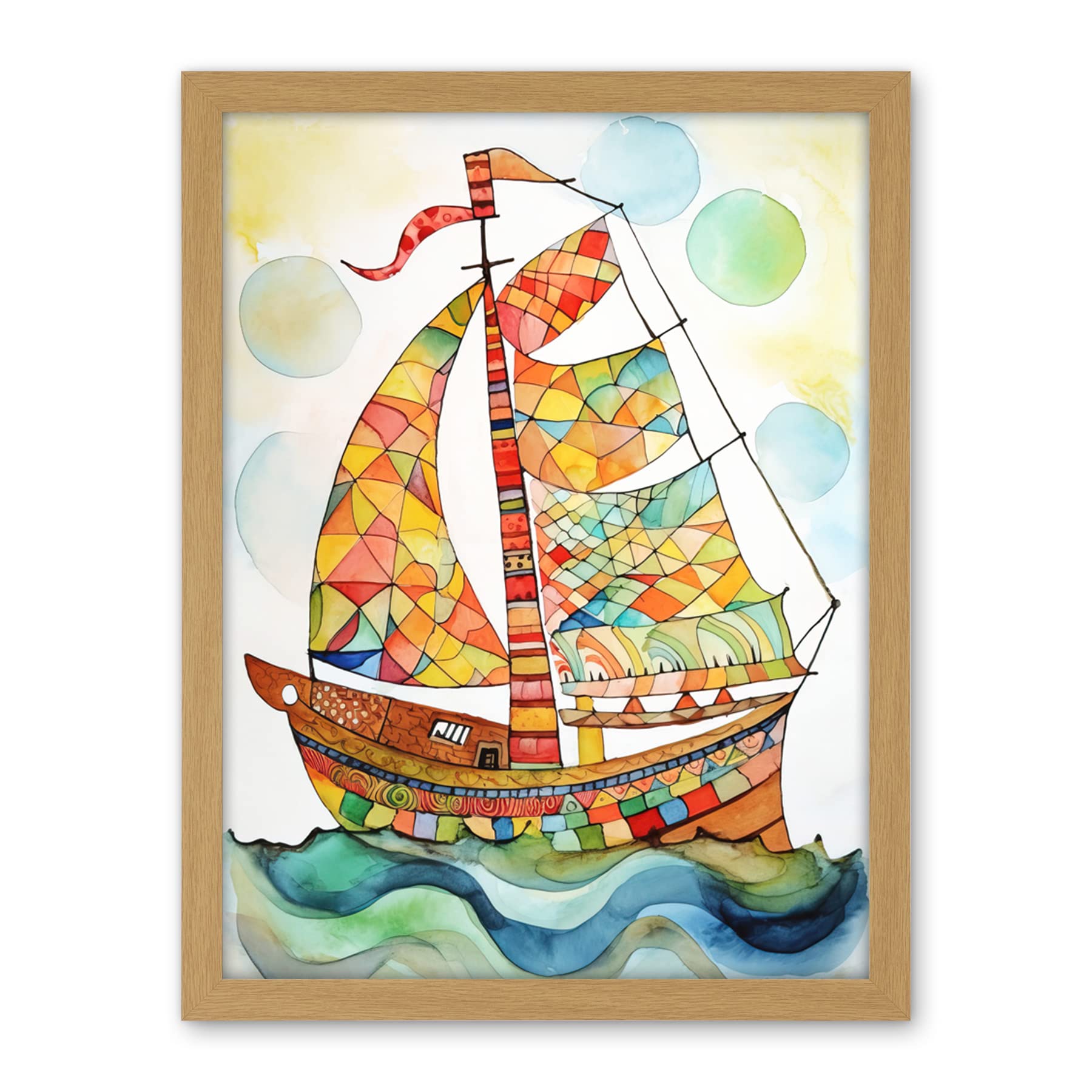 Artery8 Sailing Ship At Sunrise Folk Art Artwork Framed Wall Art Print 18X24 Inch