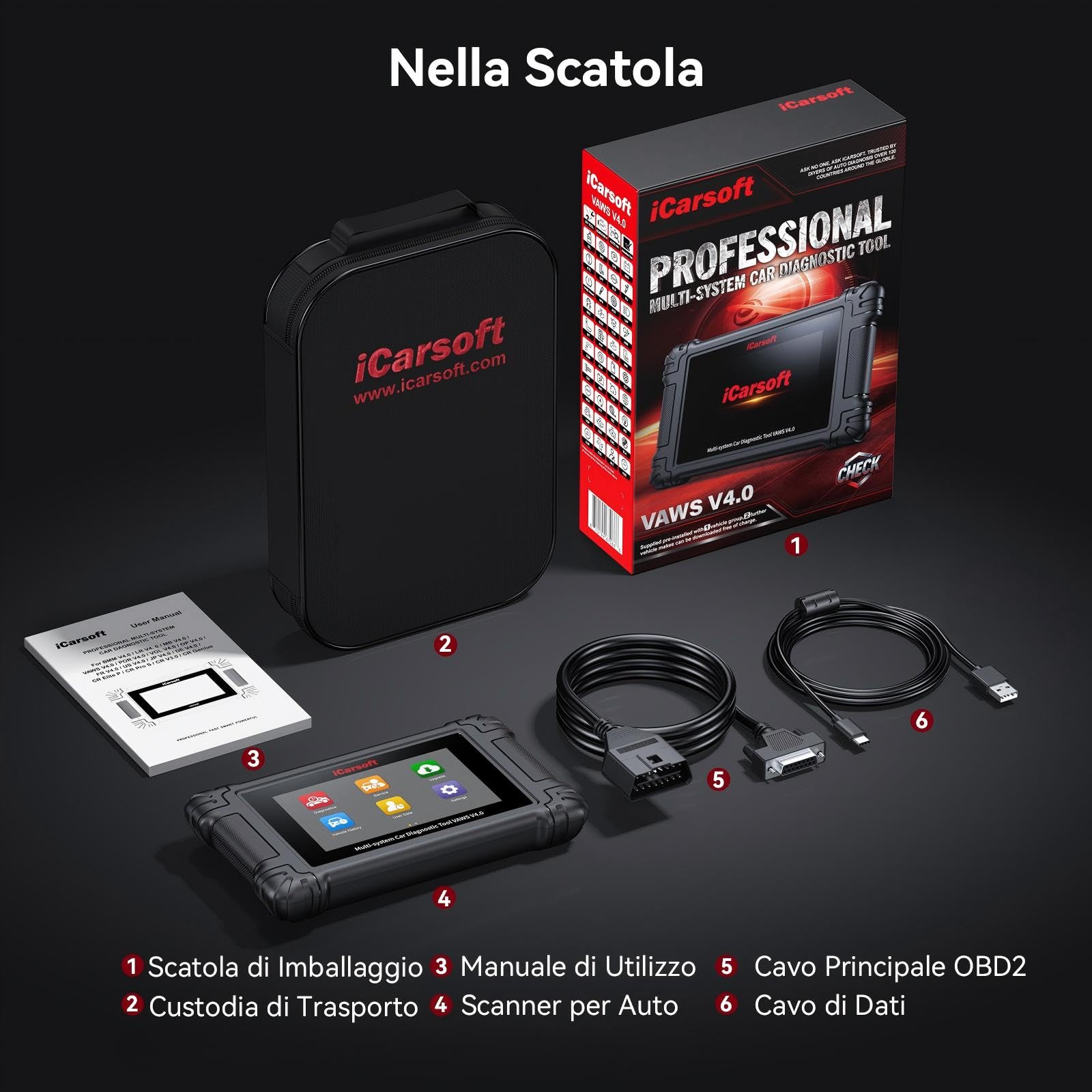 iCarsoft VAWS V4.0 OBD2 Diagnostica per VW/Audi/Skoda/Seat + 2 Marche Opzionali, Diagnosi Auto Professionale di Tutti i Sistemi, 43 Servizi per VAG, Test Bidirezionale, Auto VIN, Aggiornamento WiFi