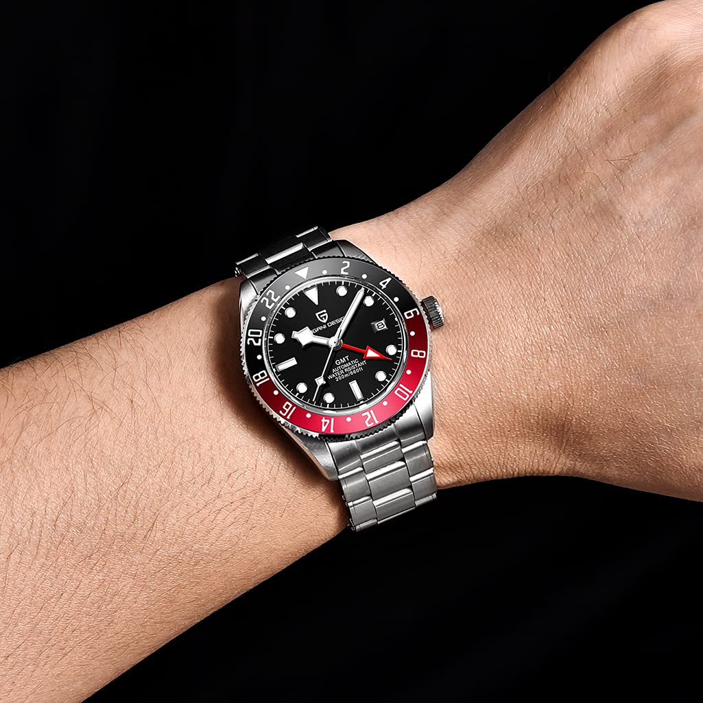 Pagani Design Herren Automatik Mechanisch GMT Uhren Aluminium Lünette Synthetisch Saphir Edelstahl Armband 200M Wasserdicht Leuchtend Selbstaufzug Sport Armbanduhren
