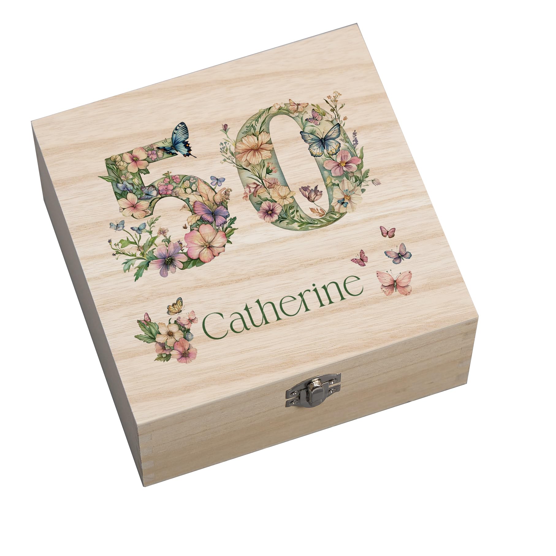 ukgiftstoreonline Personalised 50th Birthday Keepsake Memory Box, Natural Wood with Butterfly and Flower Design, 17x17x7cm, Square Storage Box