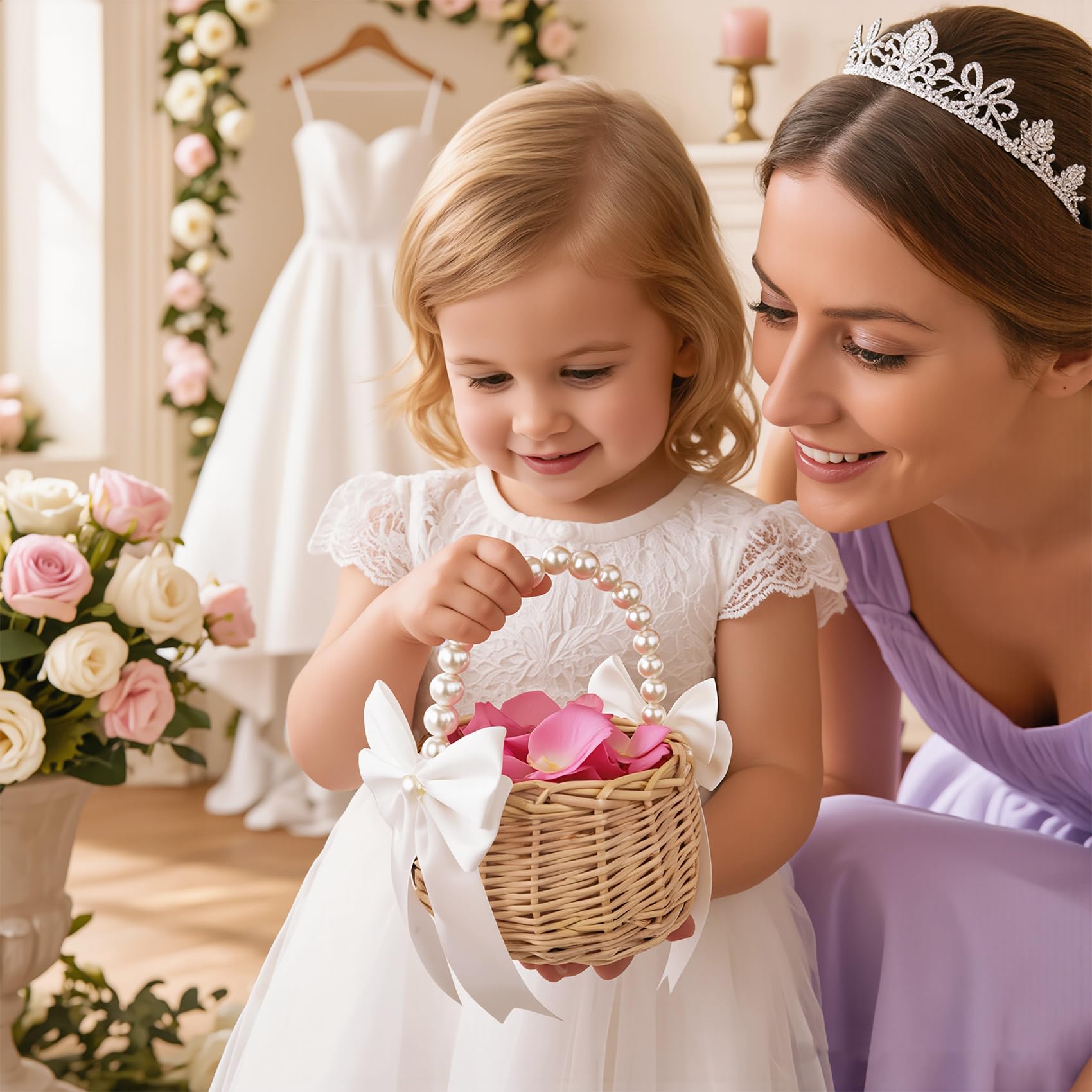 2 cestini piccoli con manico di perle e fiocco, colore bianco