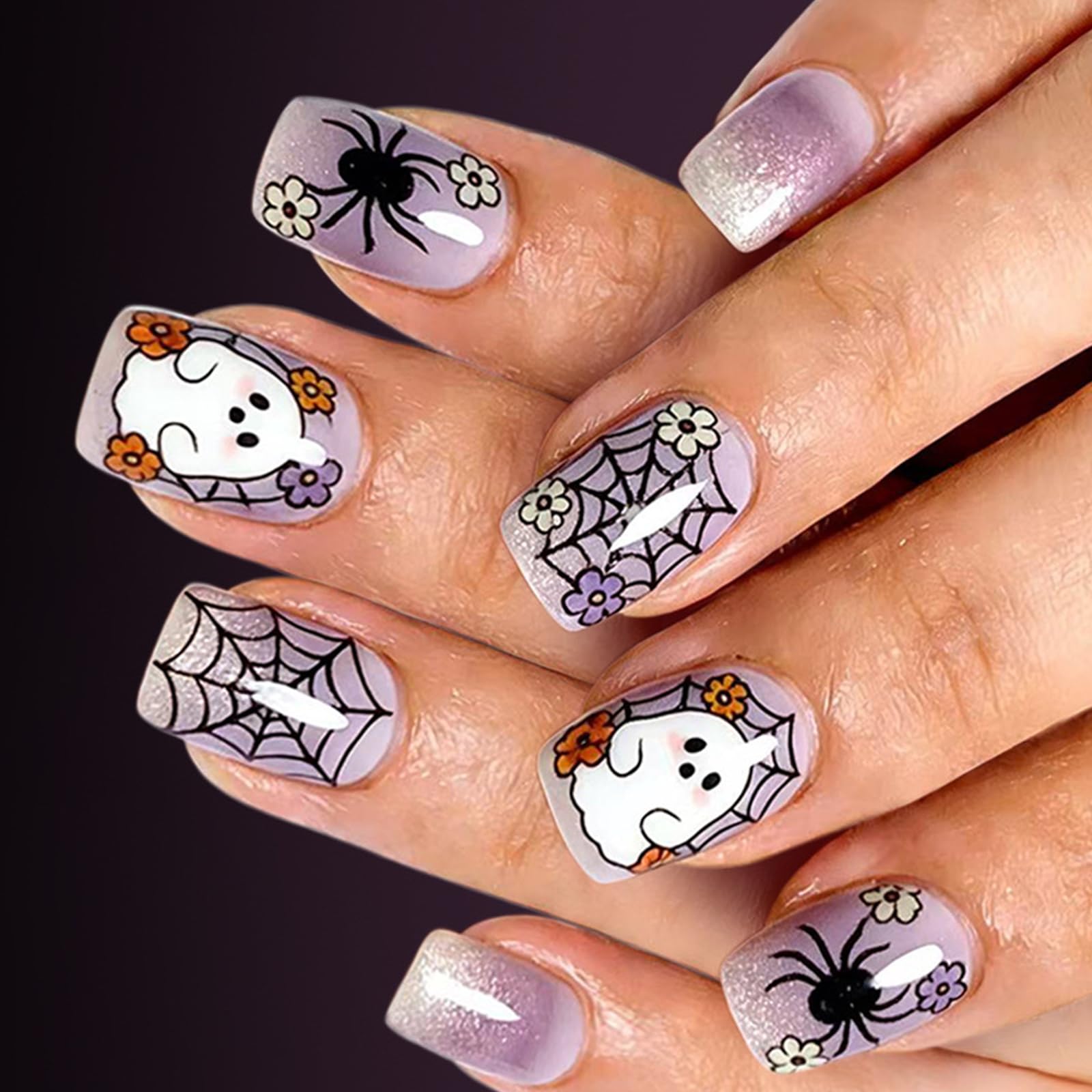fexxkg Halloween Set Lavender Gradient Web Character Art, 24Piece Short Square False Tips, Multi Size ABS Pieces for H