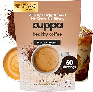 Cuppa Coffee - Great tasting medium roast with mushrooms, adaptogens & superfoods - Lion's Mane, Ashwagandha, Cordyceps, MCT, Prebiotic Fiber & L-Theanine. Supports natural energy & better mental focus, overall well-being + a happier gut (60 Servings)