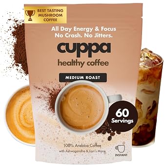 Cuppa Coffee - Great tasting medium roast with mushrooms, adaptogens & superfoods - Lions Mane, Ashwagandha, Cordyceps, MCT, Prebiotic Fiber & L-Theanine. Supports natural energy & better mental focus, overall well-being + a happier gut 60 Servings
