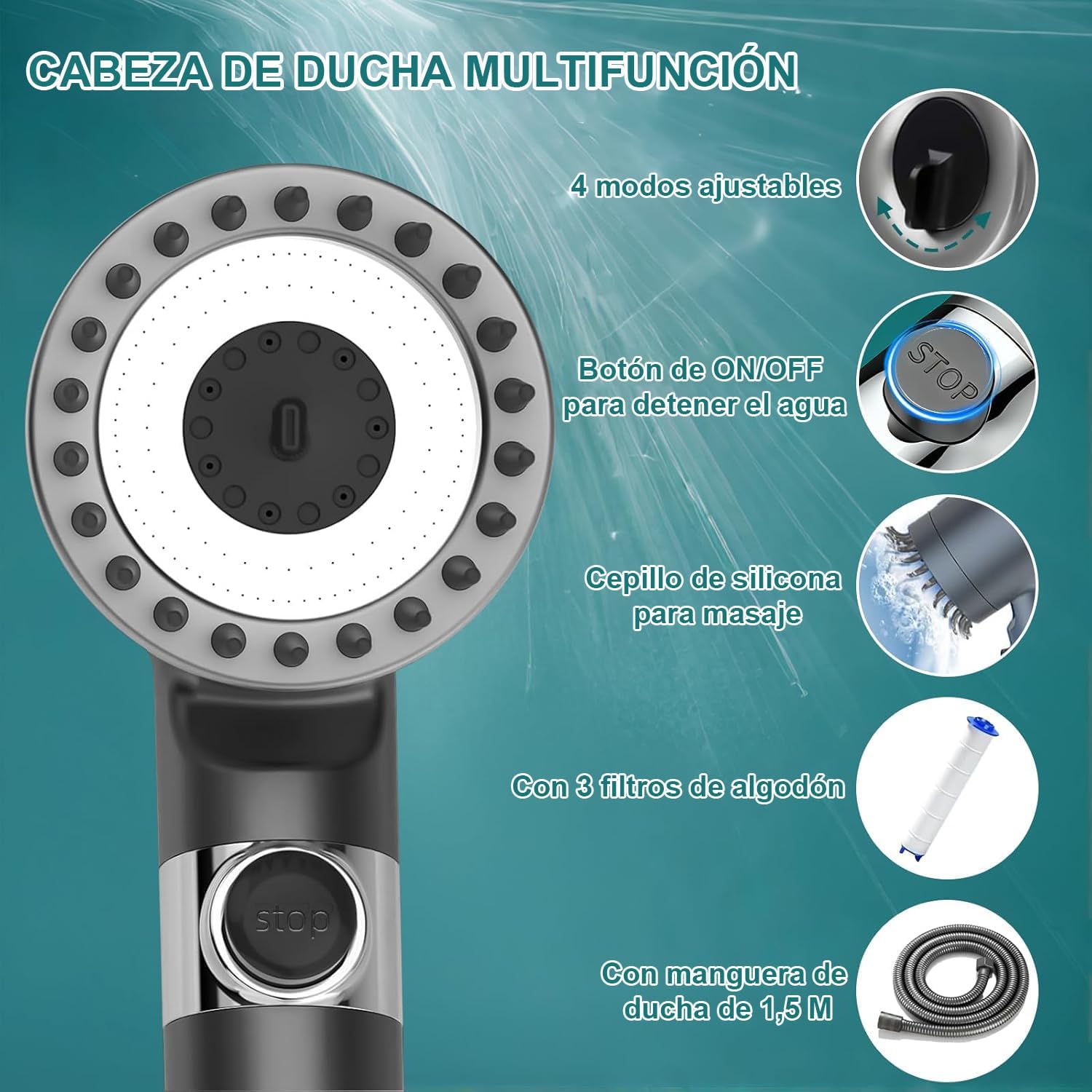 Alcachofa de Ducha con Filtros, Alcachofa Ducha Alta Presión con Manguera 1.5M y Soporte, Cabezal Ducha con Filtro de 4 Modos y Botón de Parada Instantánea, para Eliminar el Cloro, Gris