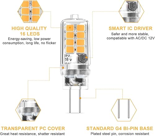 Miniatura 3 de Umleeddlt Bombilla LED G4, equivalente a 3 W halógena de 20 W30 W, sin parpadeo, ángulo de haz de 360, lámpara LED de base bipin G4 de 12 V CACC de