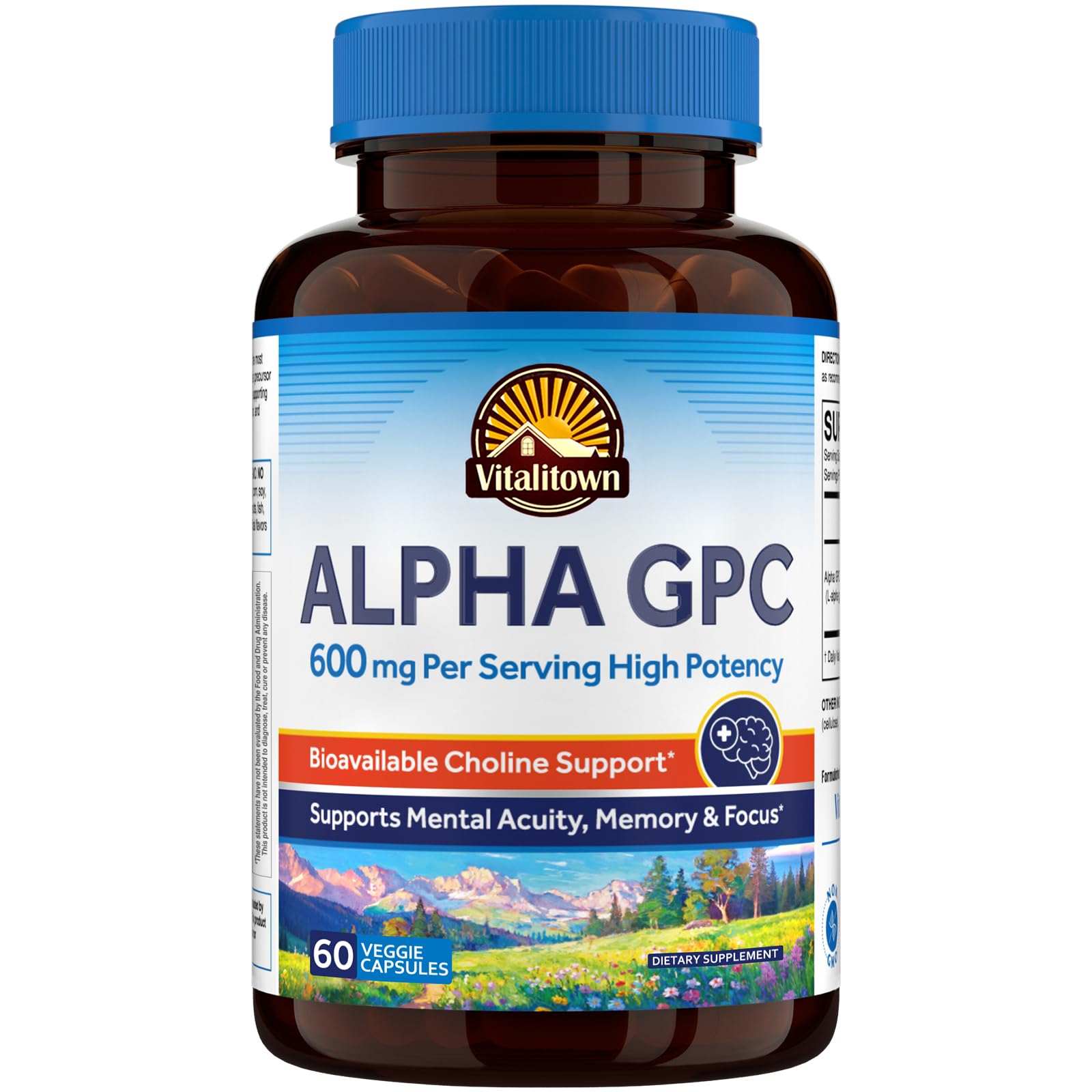 Vitalitown Alpha GPC Supplement 600 mg, Bioavailable Source of Choline, Acetylcholine Precursor, Non-GMO, for Brain Health, Memory, Focus & Cognitive Support, 60 Veg Caps
