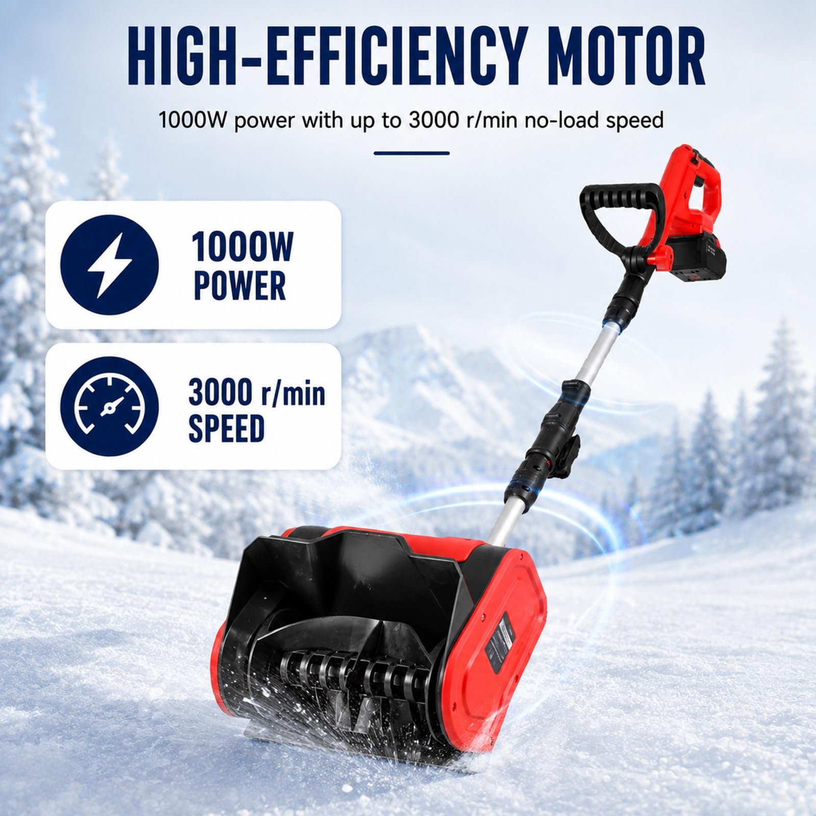 Pala da Neve elettrica 21 V con Batteria da 3,0 Ah, Motore da 1000 W, Larghezza 31 cm e Lancio Fino a 8 m per vialetti, marciapiedi, terrazze e ingressi di casa in Inverno