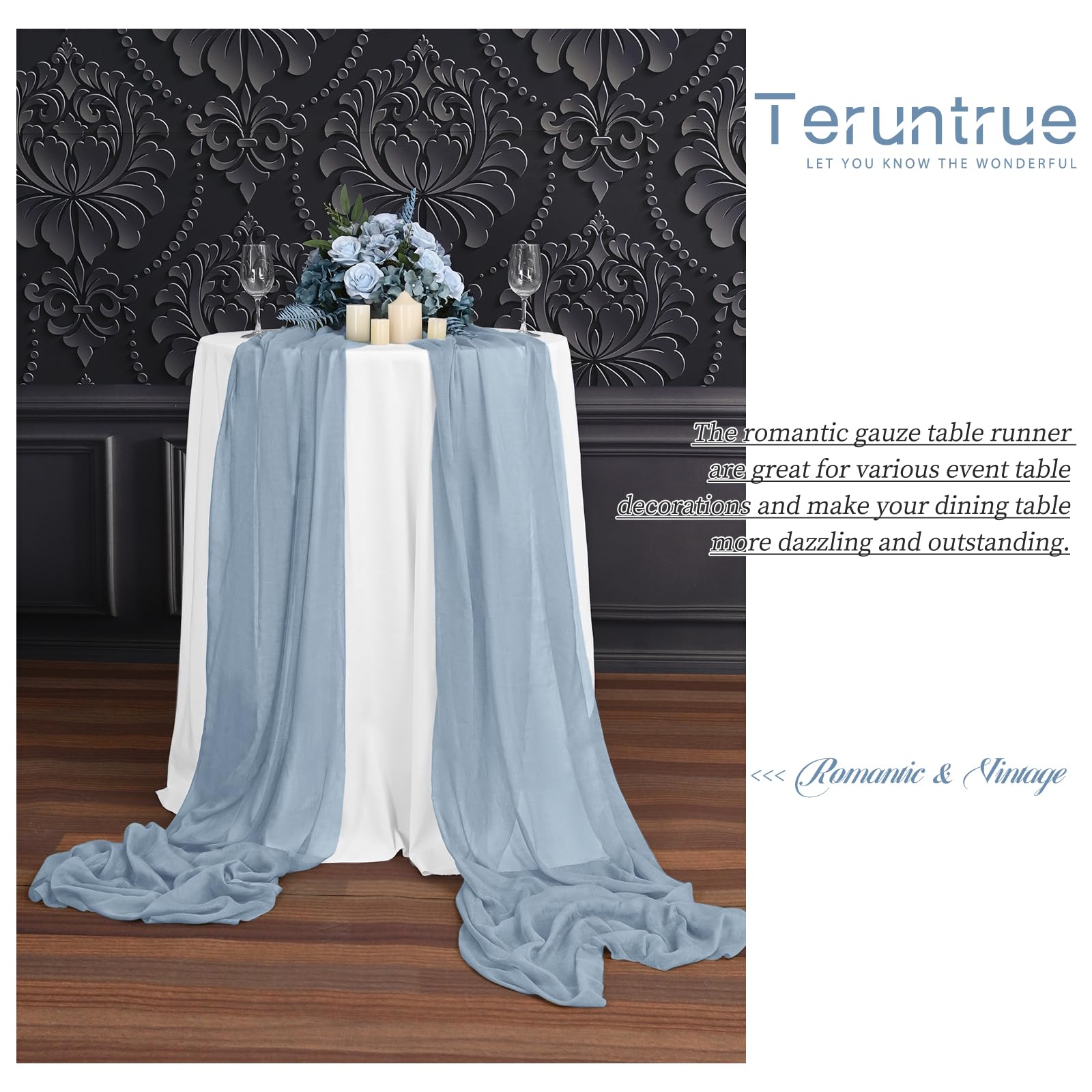 24 caminos de mesa de gasa azul polvoriento, 10 pies, gasa rústica, bohemio, decoración de mesa de boda, camino de mesa transparente para boda, fiesta, despedida de soltera