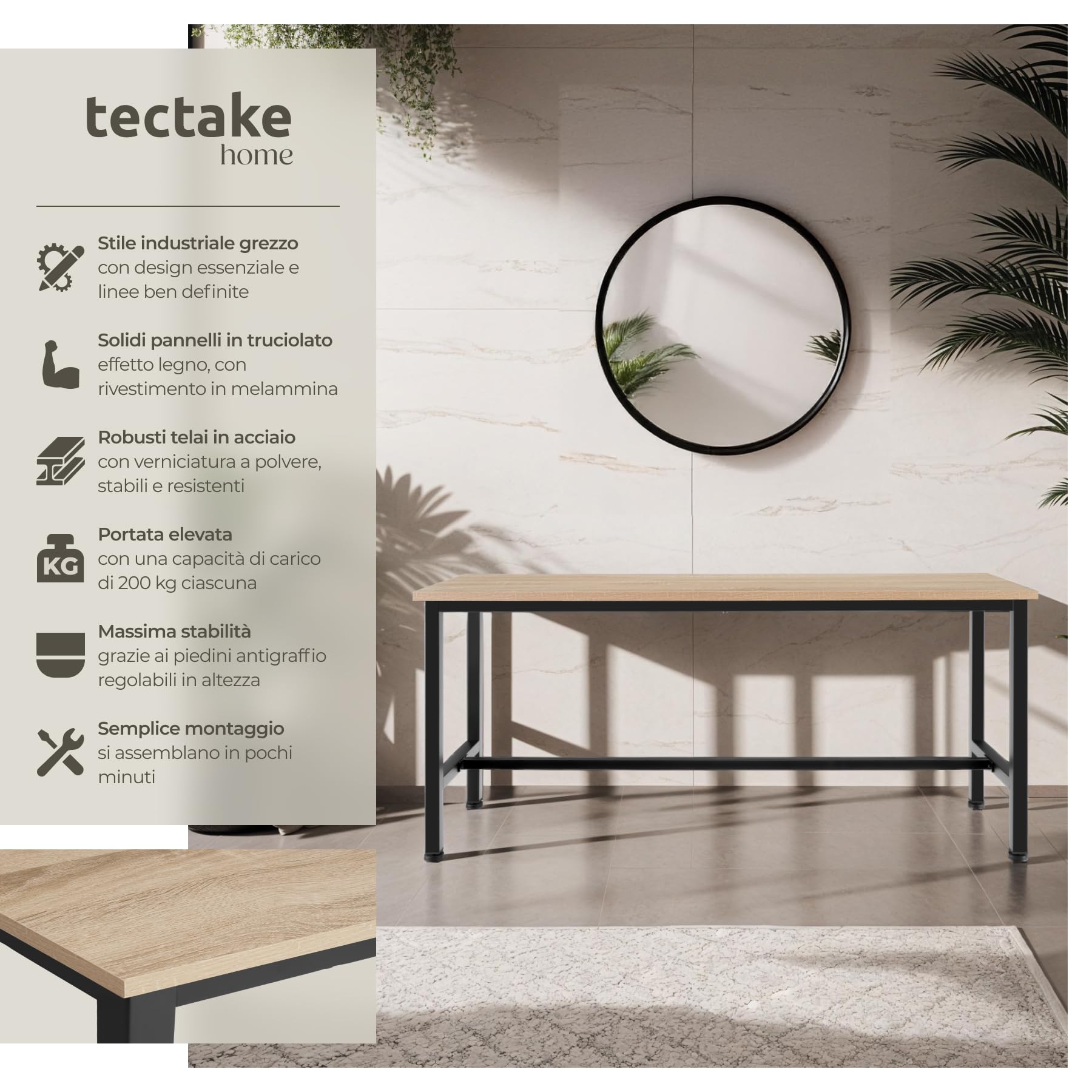 tectake® Set con 2 Panche, Design Lineare, 108x32,5x50 cm, Telaio in Acciaio, Piano in Legno, Panche Da Esterno e Interno, Panca per Tavolo Birreria - Industriale Legno Chiaro, Rovere Sonoma
