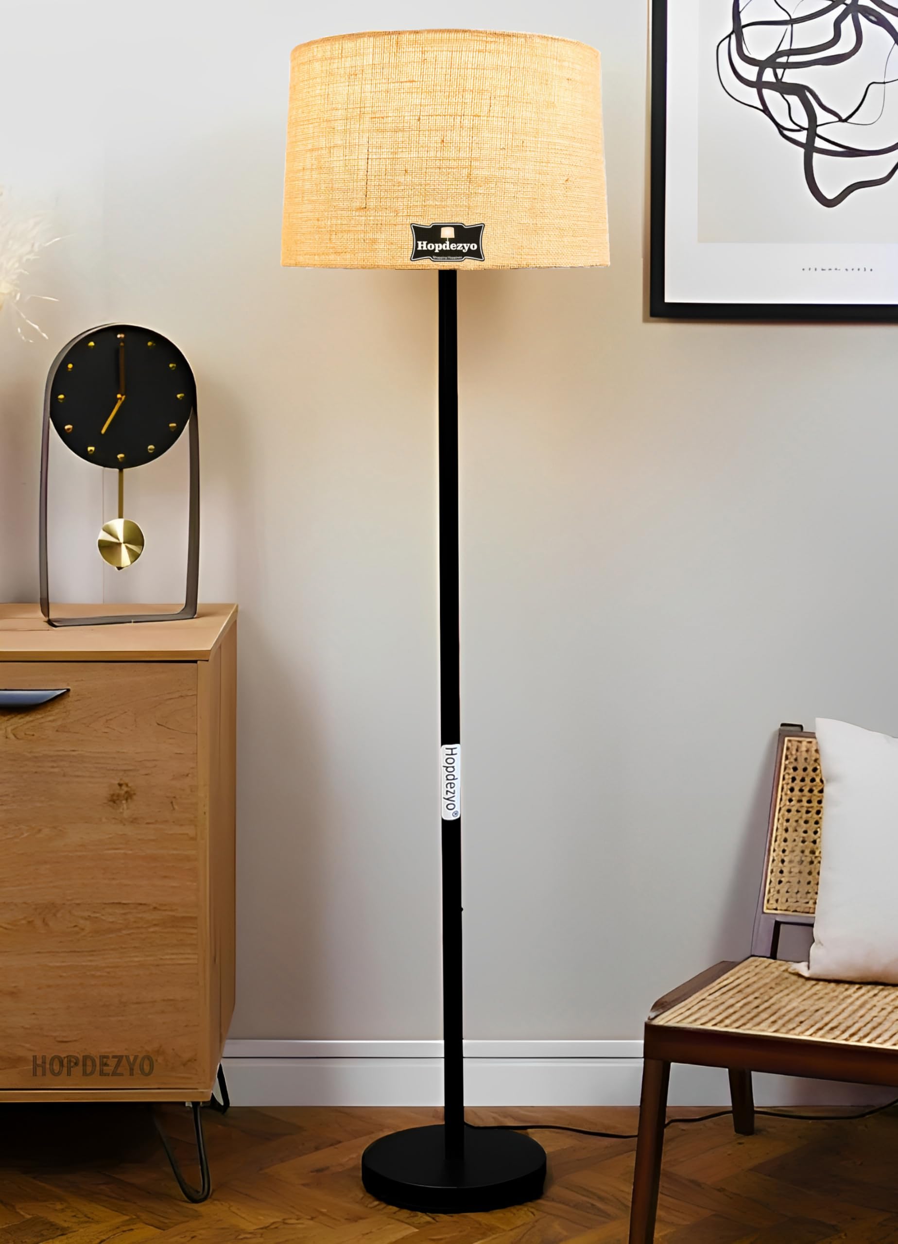 Hopdezyo Tall Metal Corner Floor Lamp With Jute Drum Shade for Home Decor, Living Room, Bedroom & Office