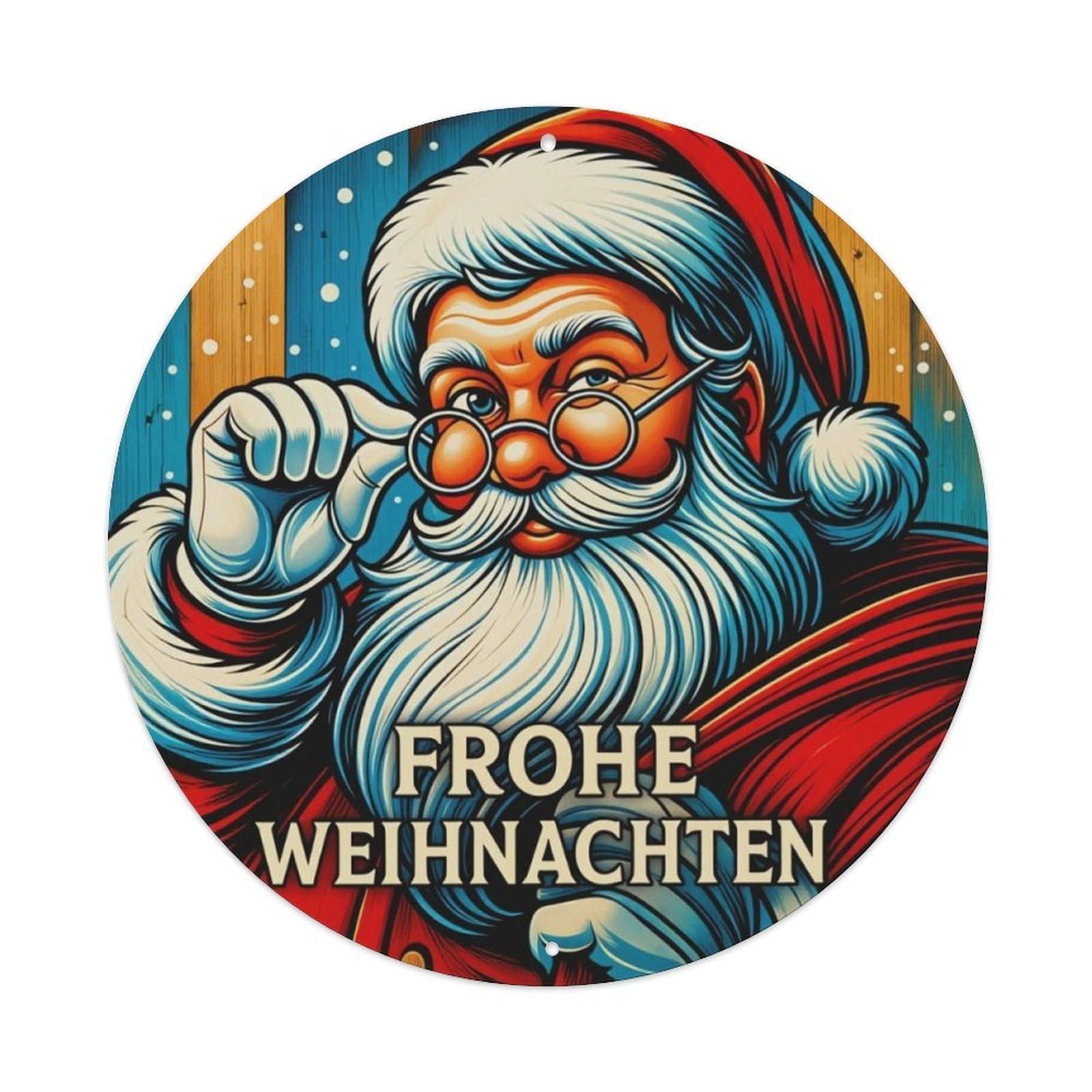 Vintage Santa Claus German Merry Christmas Round Decor Sign Vintage Aluminium Metal Sign, Retro Wall Decor for Home, Bar, Garage & Farmhouse 20x20cm