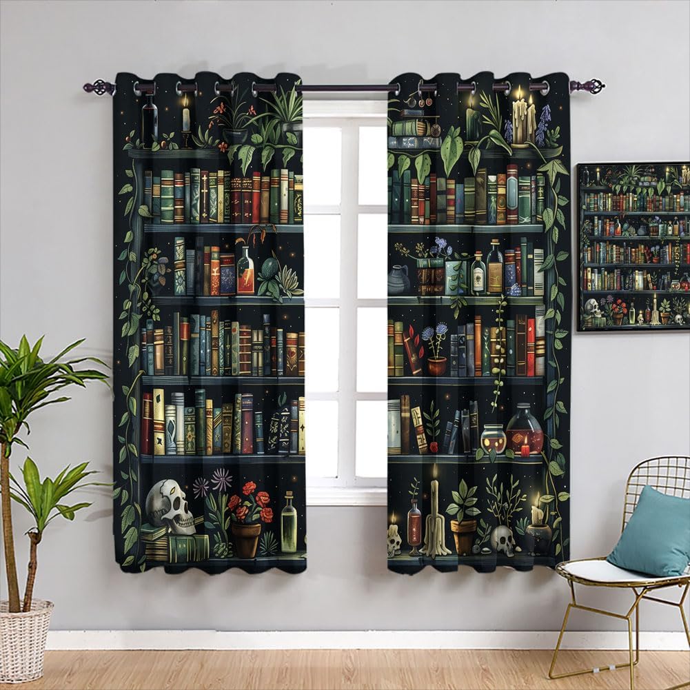 Bookshelf Blackout Curtains for Boys Girl Bedroom Decor, Magical Book Goth Skull Vintage Botanical Grommet Window Drapes for Bedroom Living Room, 42Wx45L inch