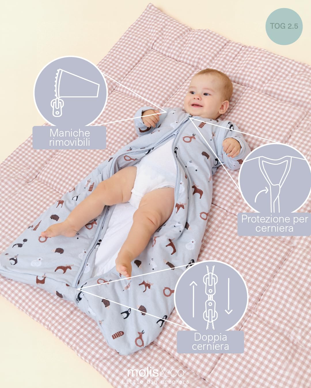 molis&co - Sacco nanna maniche staccabili per Neonati e Bambini - Sacchi Nanna 2.5 tog - 100% Cotone (Oeko-TEX 100) - Winter Animals (12 a 18 mesi)