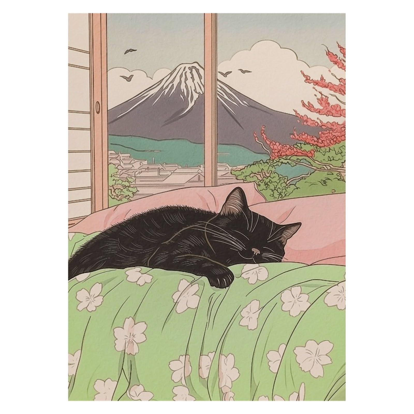 Graiting 1pc Noble Tabby Cat Eating Ramen Fuji View Poster Wall Pictures Canvas Painting Home Bathroom Decor(8,30x40cm)