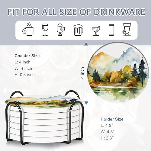 Miniatura 2 de Juego de 6 posavasos de mesa para bebidas, diseño de bosque brumoso de acuarela, con base de corcho y soporte de metal, gran regalo de cumpleaños