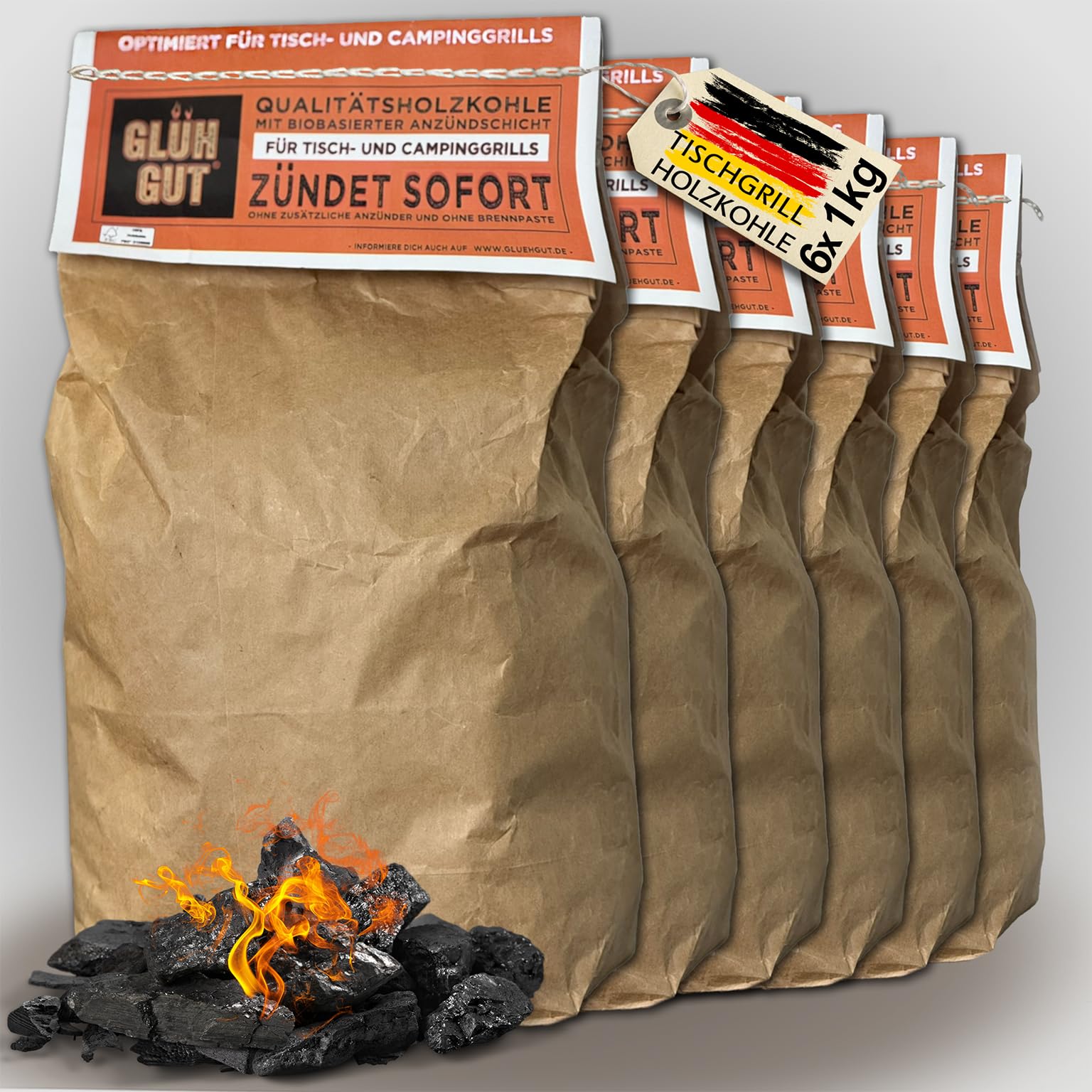 Tischgrill-Holzkohle 1kg x 6 (6 KG) – 6kg Holzkohle mit Anzündbeschichtung – extra kleine Körnung 20–50mm – sofort einsatzbereit, raucharm, ideal für unterwegs, ideal für Lotus Grill, Balkon