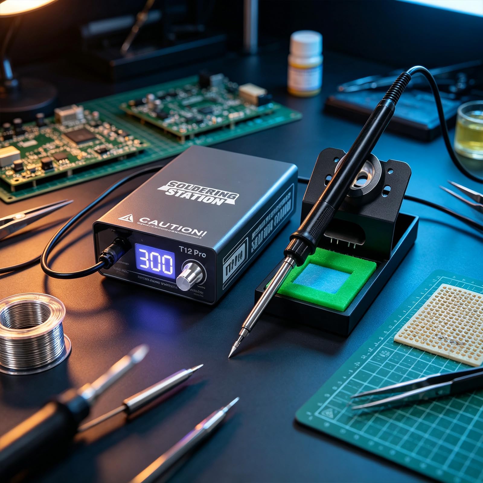 Stazione saldatura per riparazioni elettroniche T12 con schermo digitale della temperatura, supporto calibrazione, vassoio supporto per tecnici e utenti hobbistici Strumento saldatura