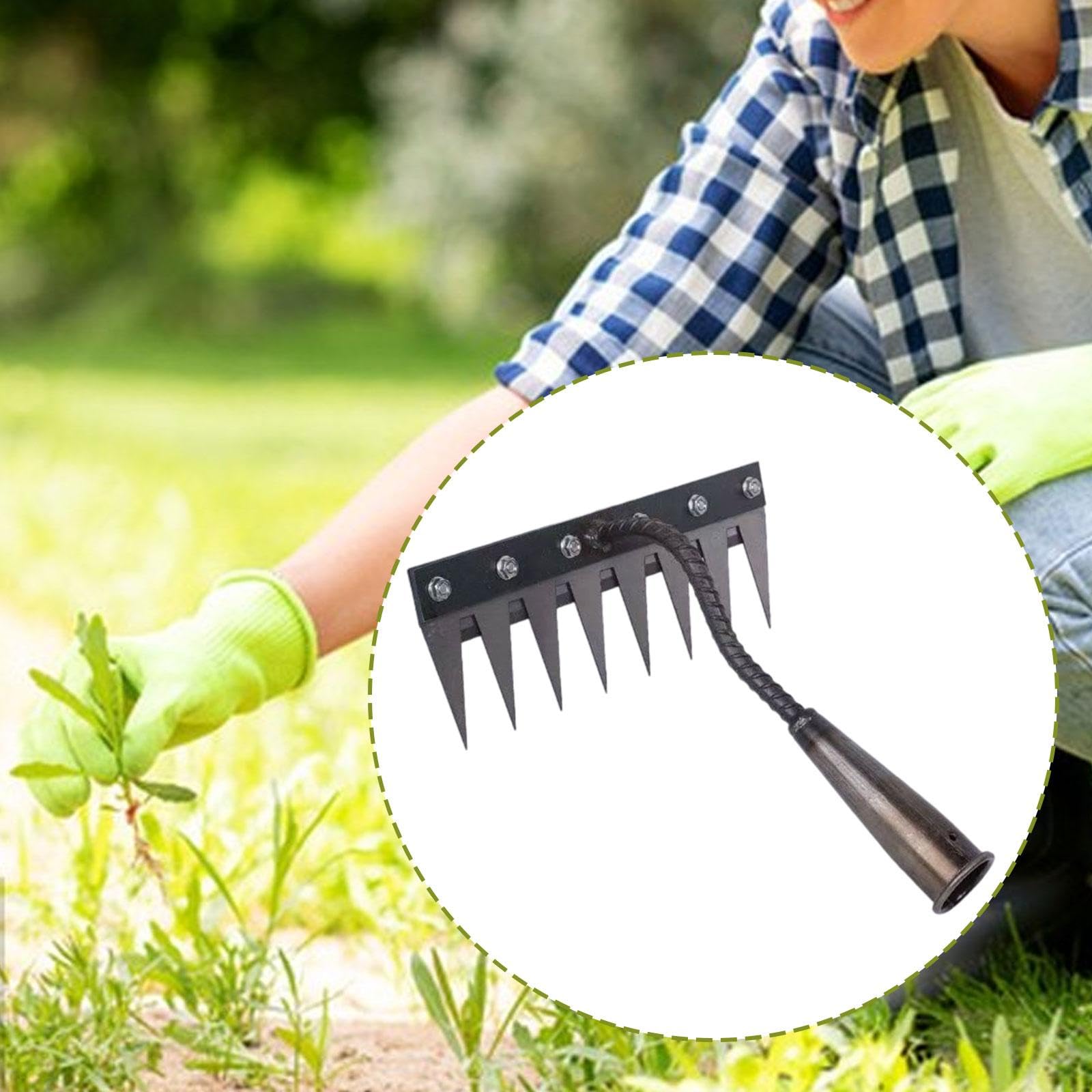Azada de jardín, rastrillo de Mano de Metal, Herramienta de deshierbe para Plantar, Cultivar, excavar, arar y hortalizas, 8 Dientes.