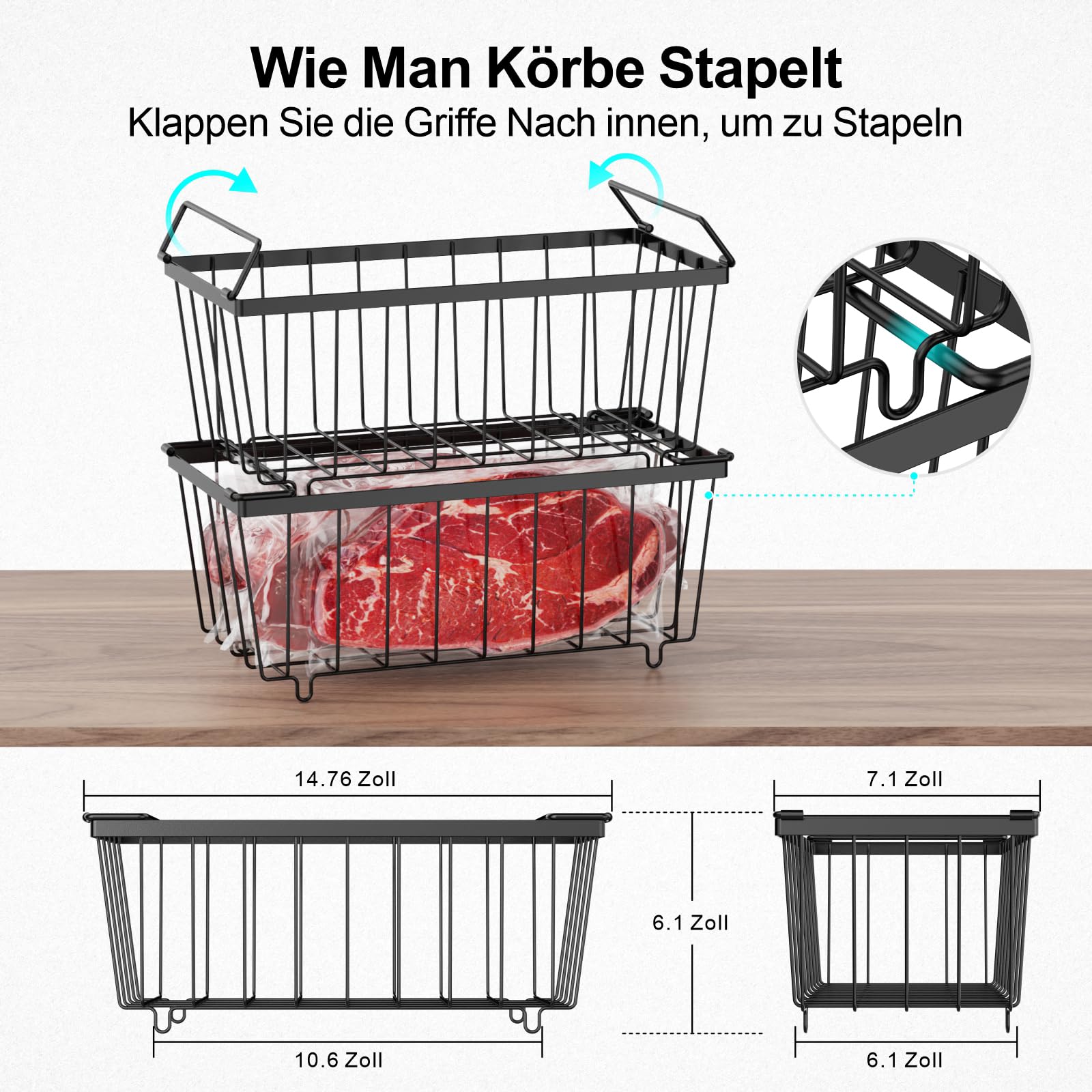 iSPECLE Gefrierkörbe – 4er Stapelbar Gefrierschrank Organizer für 198L Gefriertruhen Einfacher Zugriff auf Tiefkühlkost Platz Sparen Gefrierbehälter Mit Griffen Leicht zu Bewegen, Schwarz