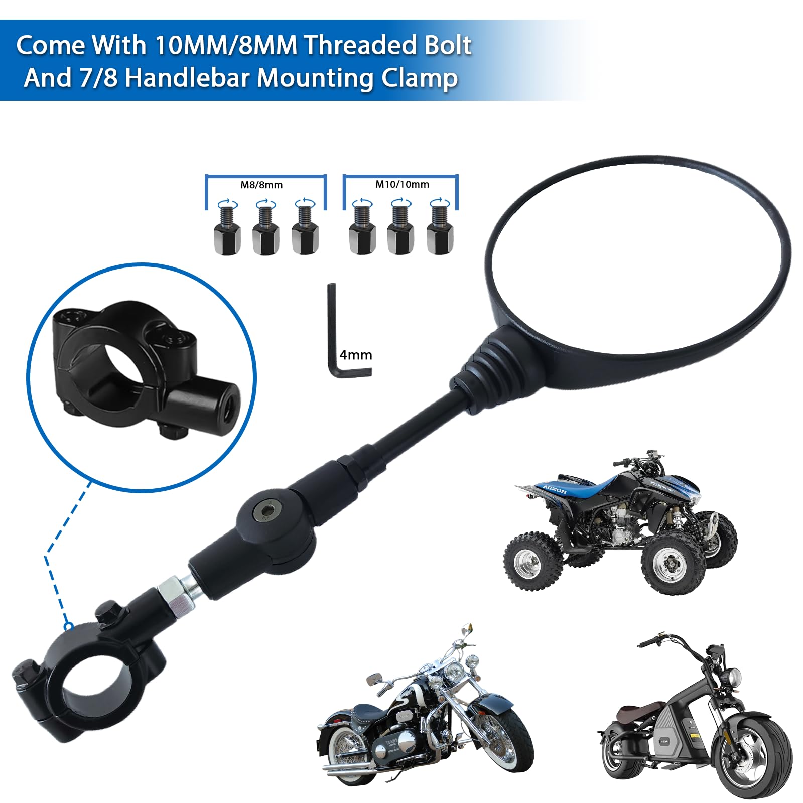 Adventure Specchietti Laterali Moto Regolabili – Montaggio Su Manubrio 7/8'' – Universal Per Moto, Scooter, Quad – Kit Con Viti 8/10mm