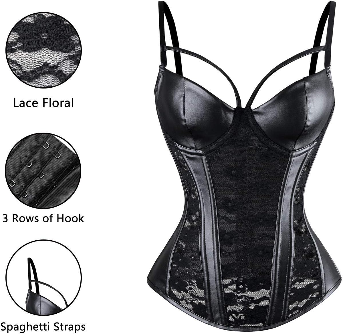 Charmian Women's Steampunk Gothic Lace Corset Bustier Faux Leather Bra Lingerie - Image 6