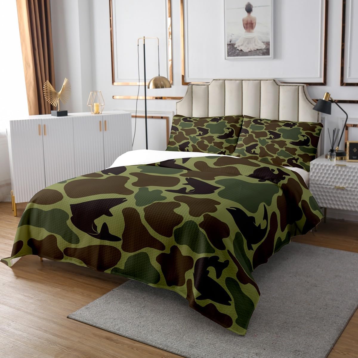 Erosebridal Fish Hunting Quilt Set Queen Army Camouflage Hunter Bedspread Set 3Pcs Rustic Wildlife Bedspread Sets Farmhouse Bass Fish Coverlet Set Vintage Army Green Camping Gifts Decor Bed Set