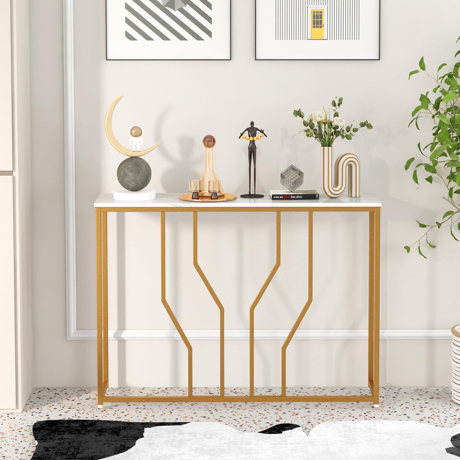COSTWAY Tavolo Consolle 110cm, Tavolo da Ingresso con Piano Effetto Marmo, Struttura in Metallo, per Soggiorno, Corridoio, Ingresso