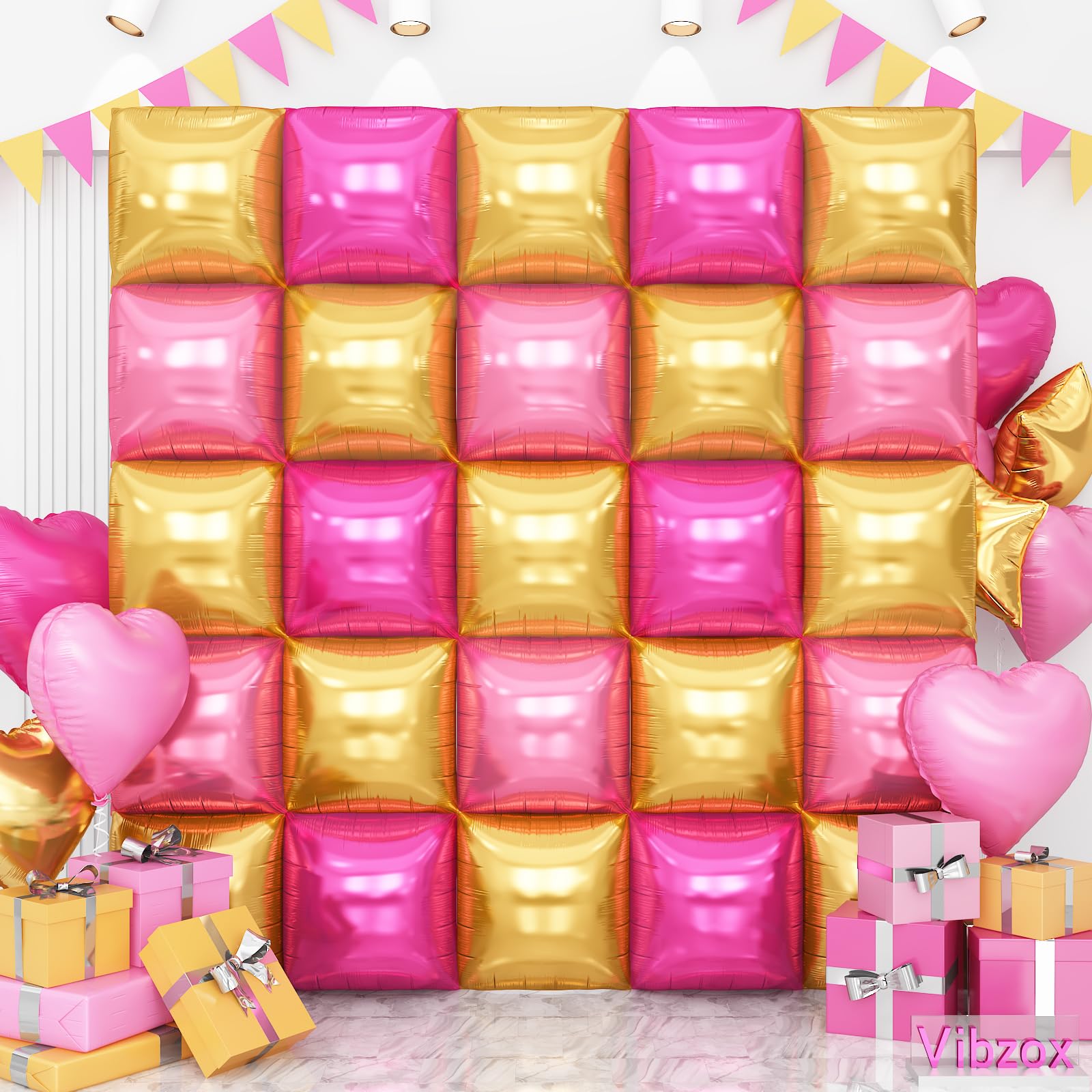 Pink Gold Double Sided Square Foil Balloons Wall, 19 inch Chrome Hot Pink Gold Foil Balloons Tunnel Arch Kit for Girls Birthday Baby Shower Bridal