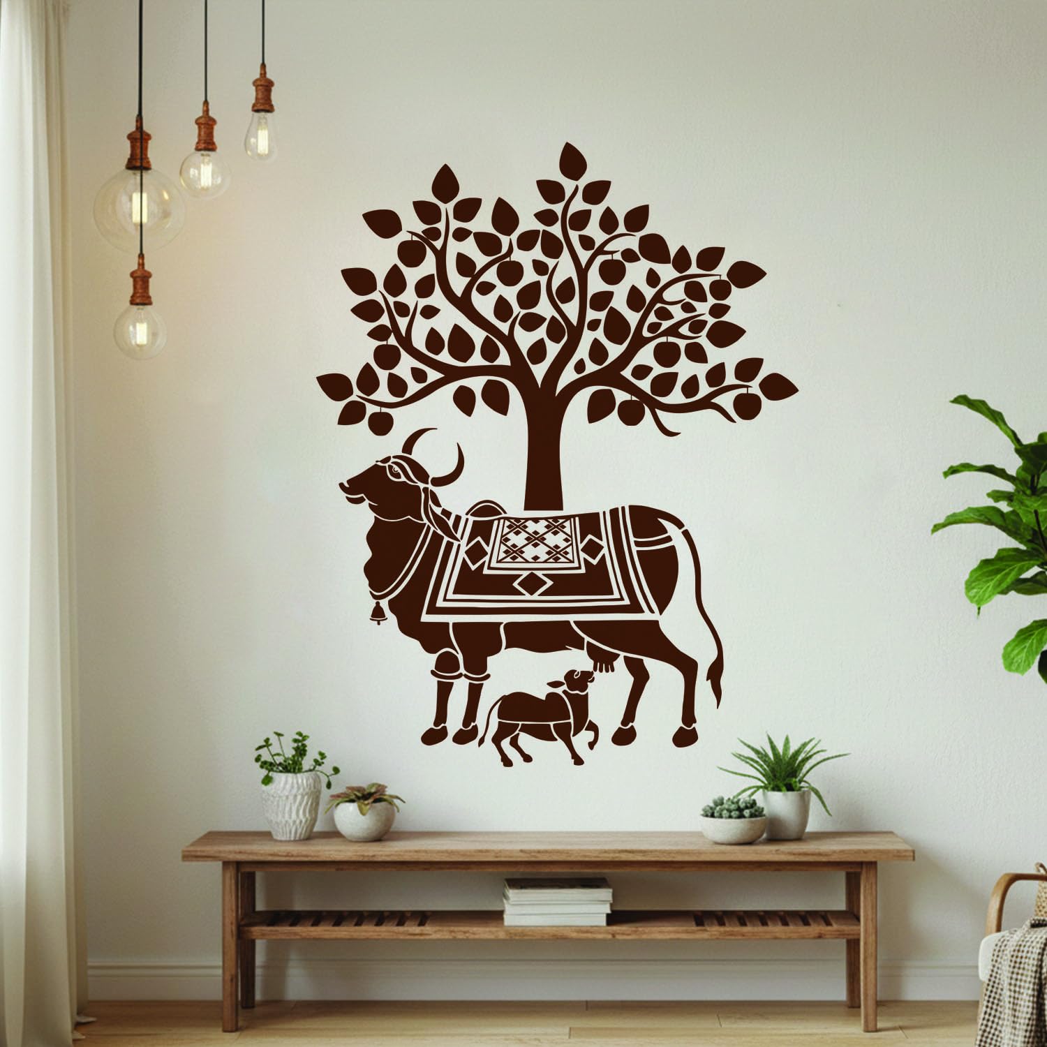Kamdhenu Cow and Calf Wall Sticker | Holy Cow Hindu Religion Sacred God Creative Colorful Vinyl Decal (100 x 80 cm) for Bedroom, Living Room, Kitchen & Office Home Decor-Self-Adhesive
