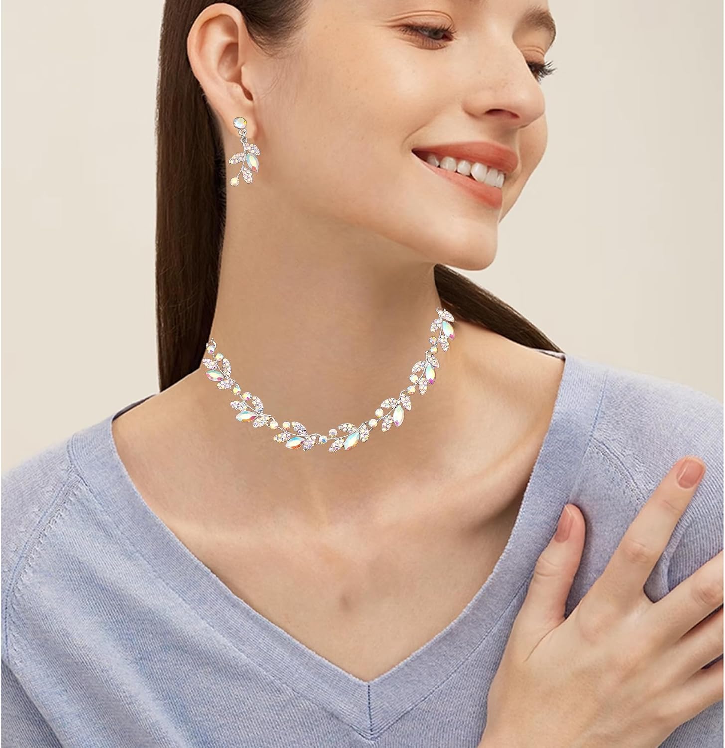 Elegant Leaves Choker Necklace Dangle Earring Link Bracelet Crystal Jewelry Set for Brides Bridesmaid Prom Costume Accessories for Women #1115 - Image 2