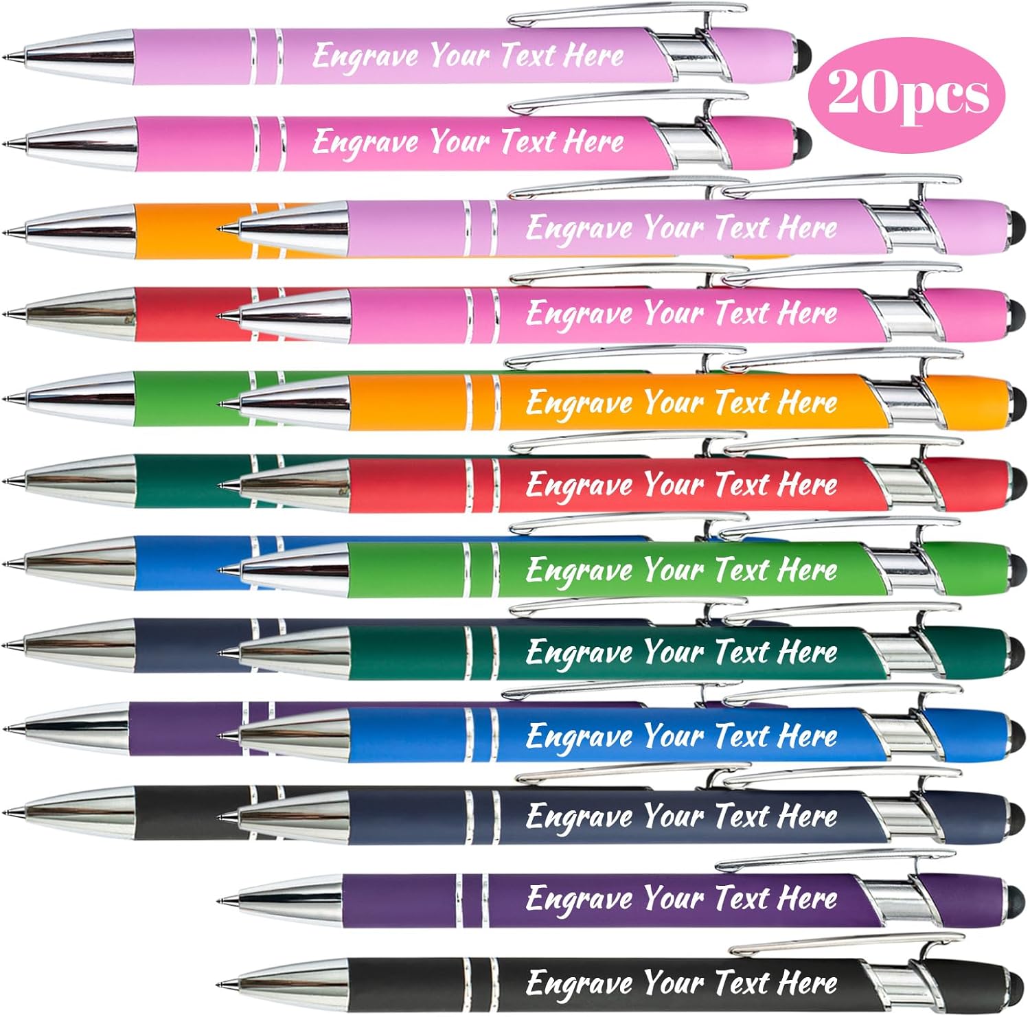 Personalized Pens with Stylus: Custom Engraved, Smooth Writing, and Touchscreen Compatibility - Ideal for Gifts, Promotions, and Business, Black Ink (20Pcs/multicolor)