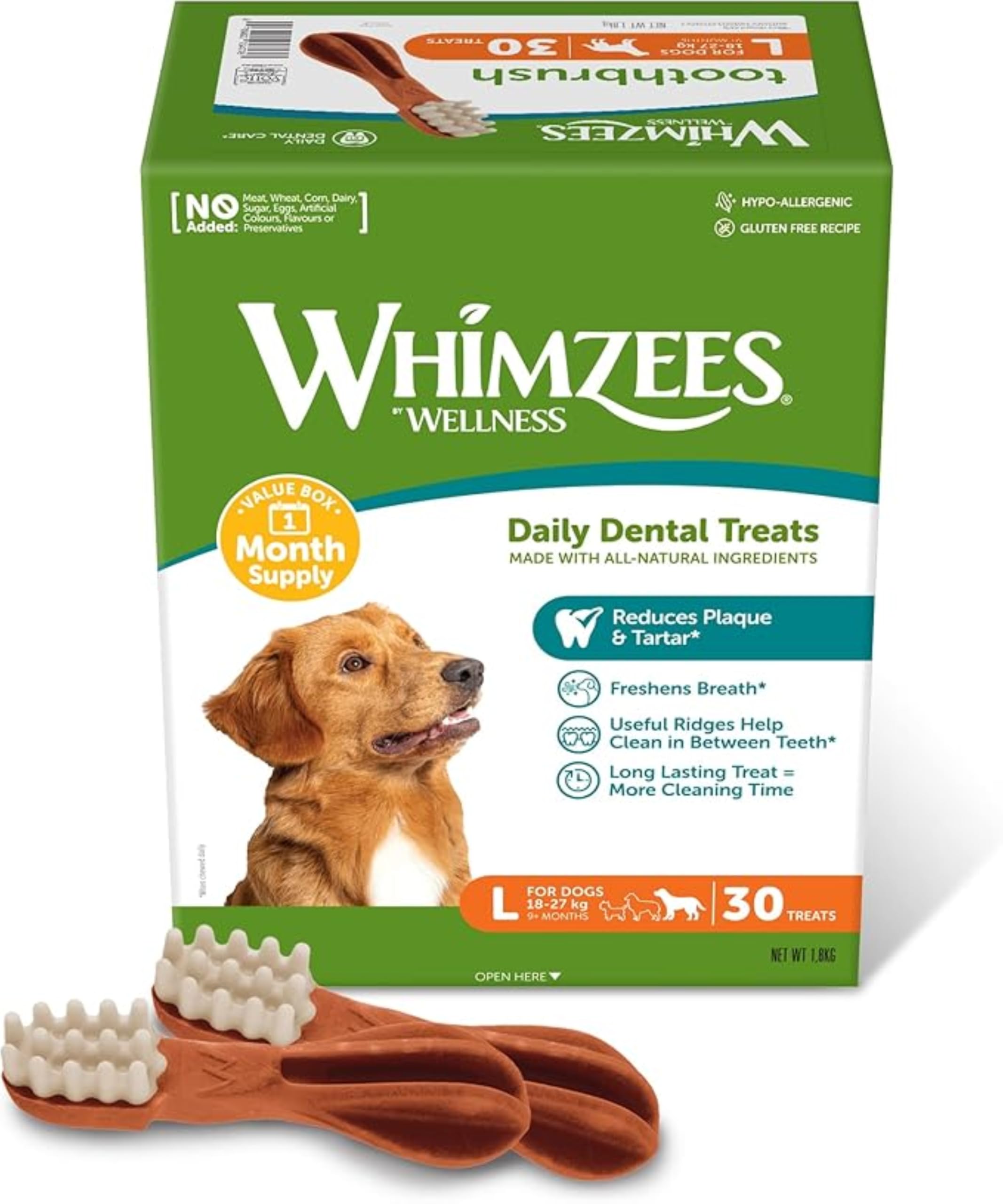 WHIMZEES Cepillos de Dientes L, Caja Mensual, 30 Piezas – Talla L, Golosinas para Perros Grandes, Naturales y Sin Cereales, Vegetarianas, Sin Azúcares Añadidos