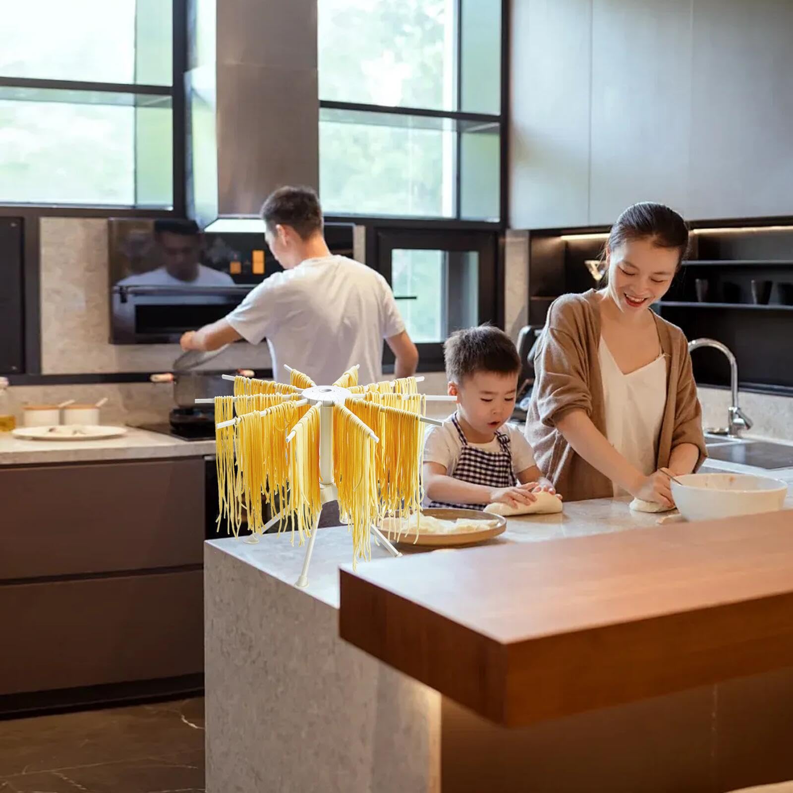 Paquete de 2 estantes plegables de secado de pasta, soporte de espaguetis frescos hechos en casa plegable para secar fideos para cocina con 10 brazos, color blanco