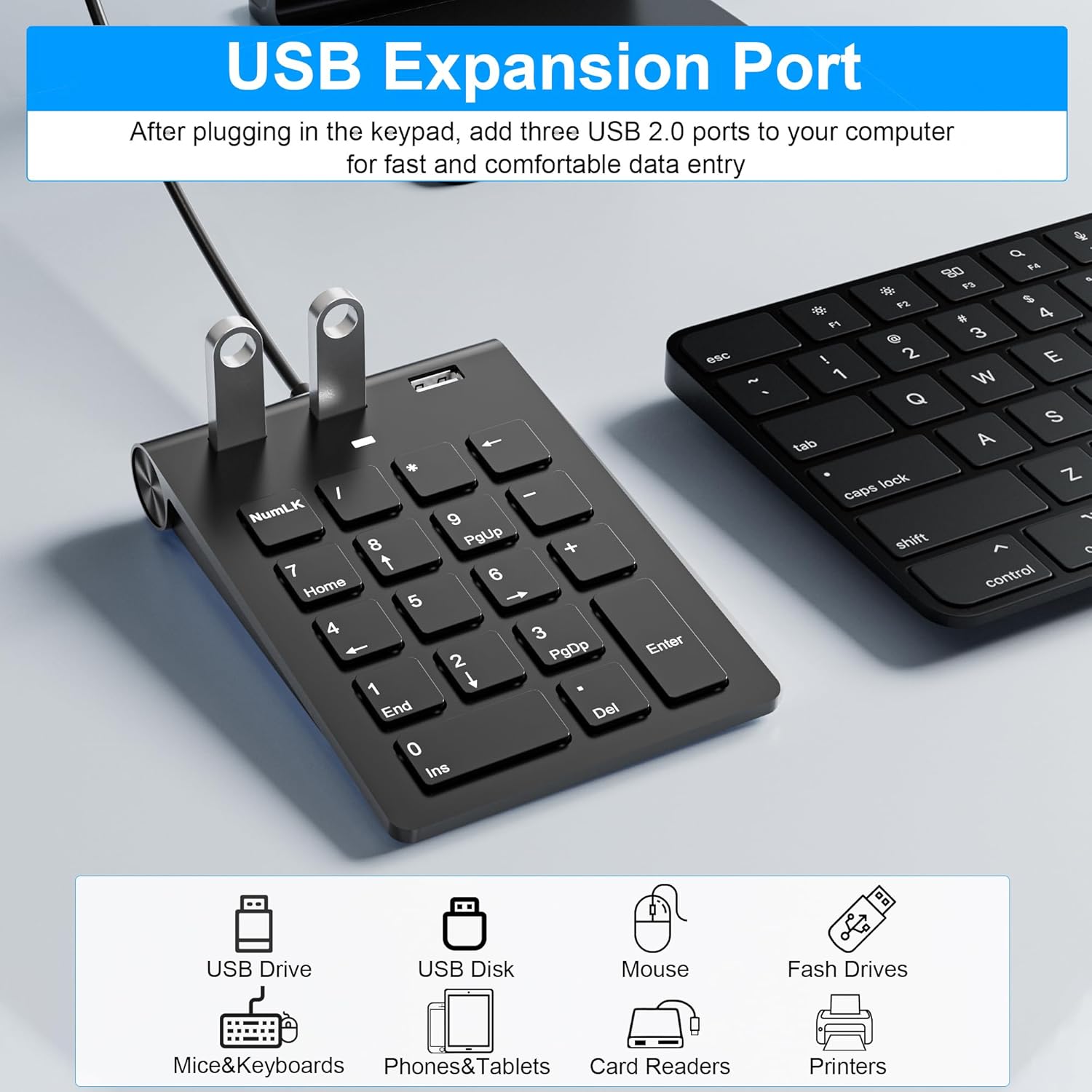 18 Key Wired Numeric Keypad with 3 Port USB 2.0 Hub, USB C & USB A Slim Portable Numpad for Laptop, Desktop, PC, MacBook, Efficiency Financial Accounting Num Pad USB c Support Plug and Play