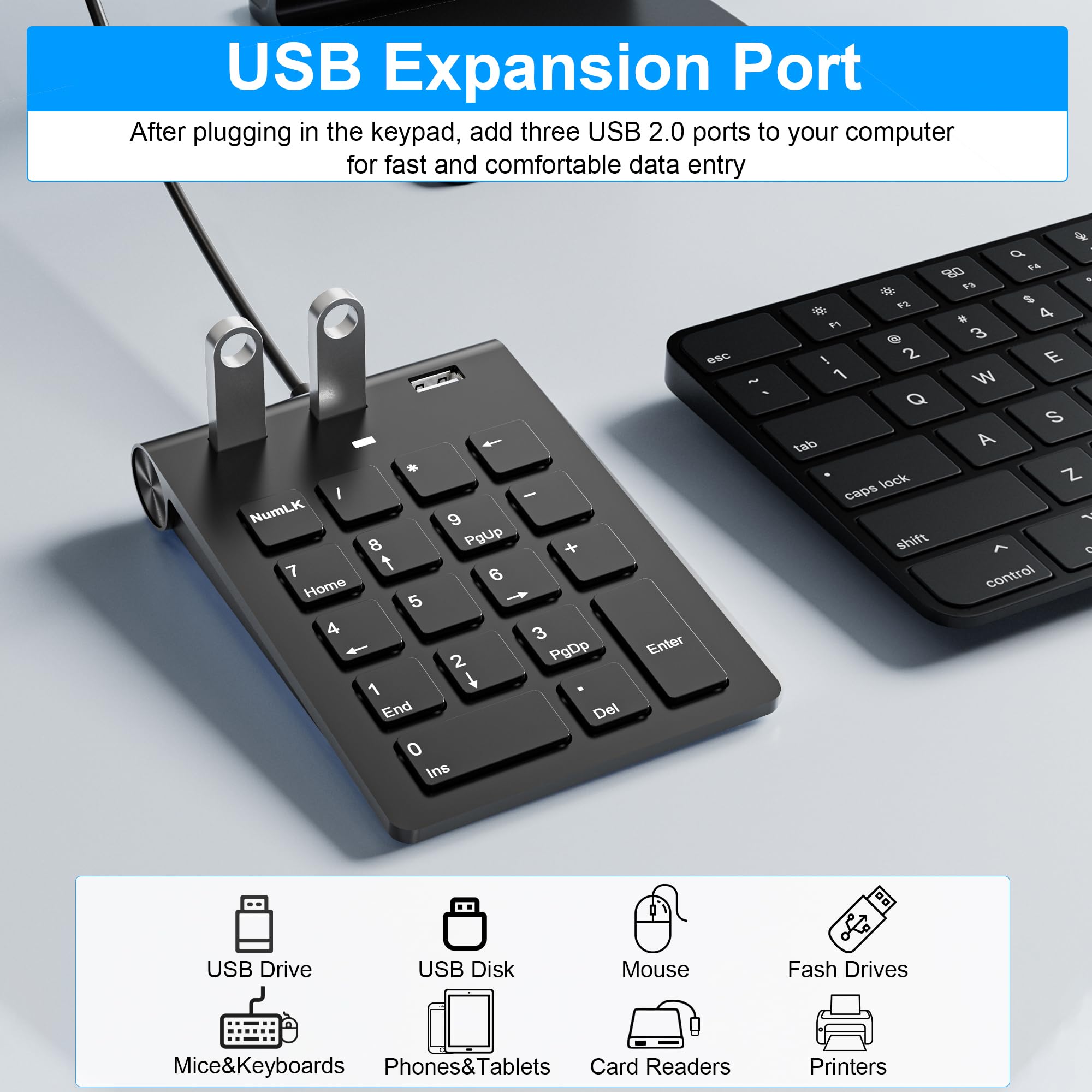 Teclado Numérico con Cable, USB A/USB C Ultradelgado 18 Teclas Mini Teclado Numpad Portátil Ergonómico con 3 USB 2.0 Puertos, Oficina Cálculo Extensiones de Teclado para Computadora Portátil, PC