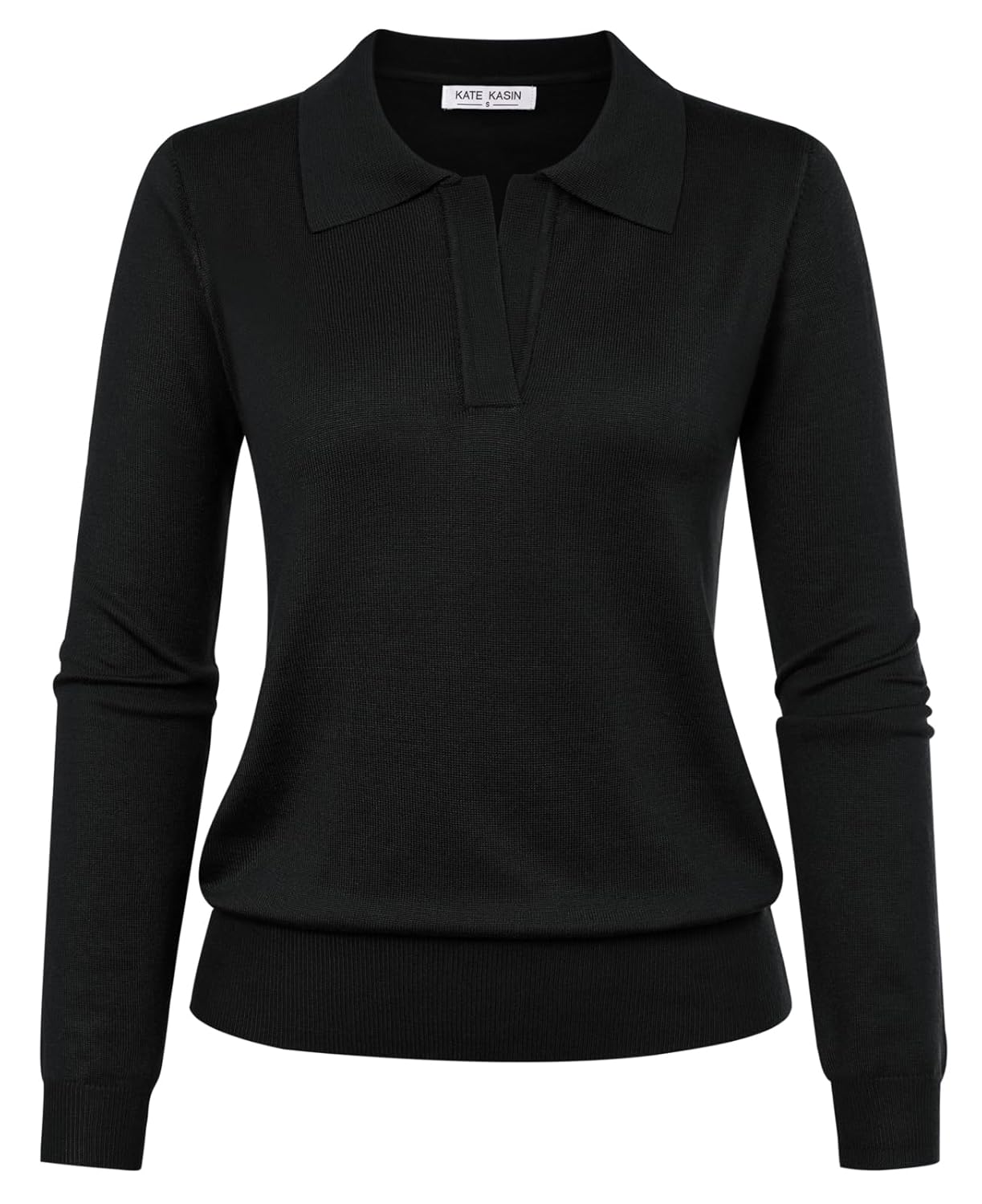 Kate Kasin Women Long Sleeve Polo Sweater V Neck Knitted Tops Casual Ribbed Shirt Loose Pullover Sweater