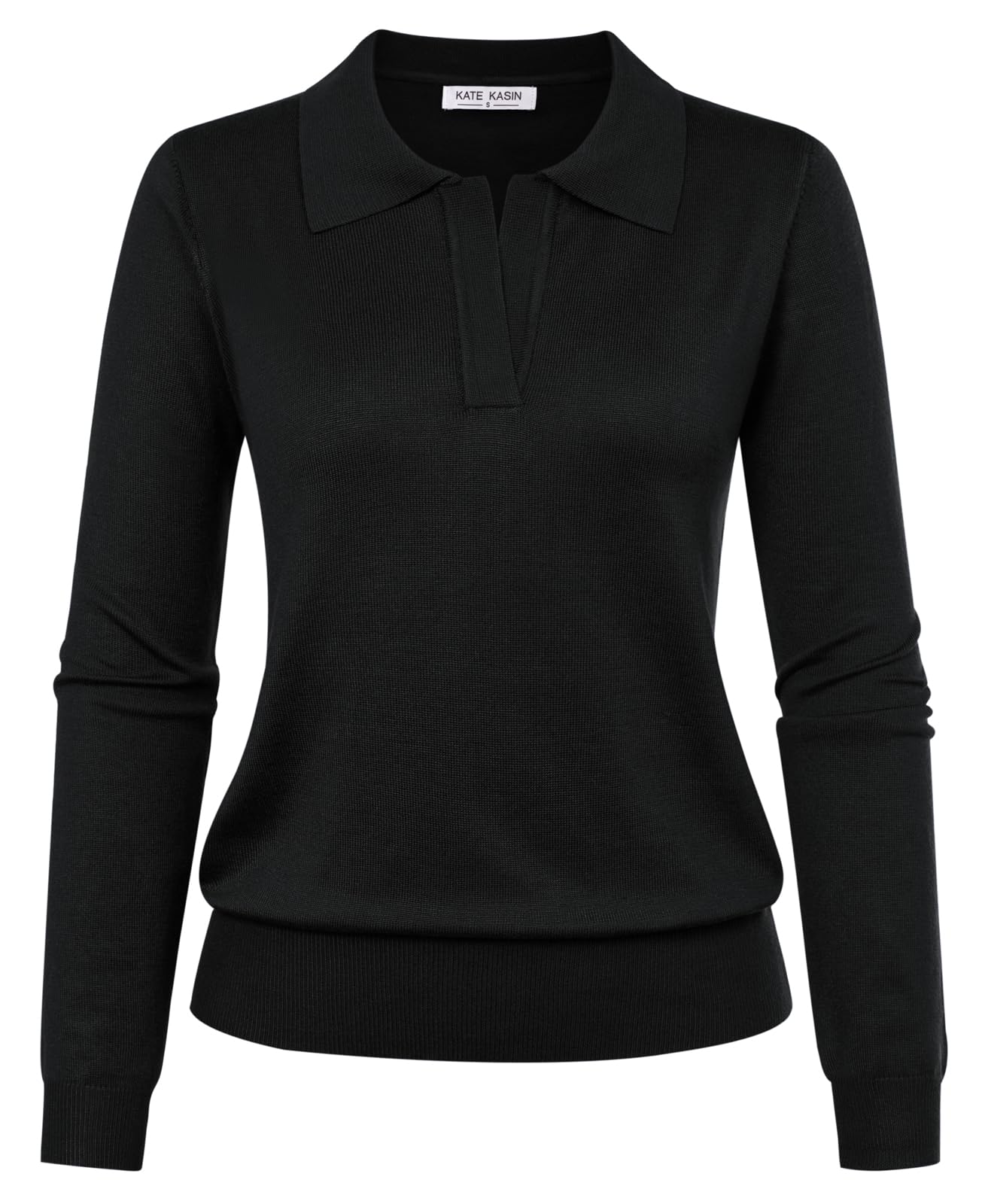 Kate Kasin Women Long Sleeve Polo Sweater V Neck Knitted Tops Casual Ribbed Shirt Loose Pullover Sweater