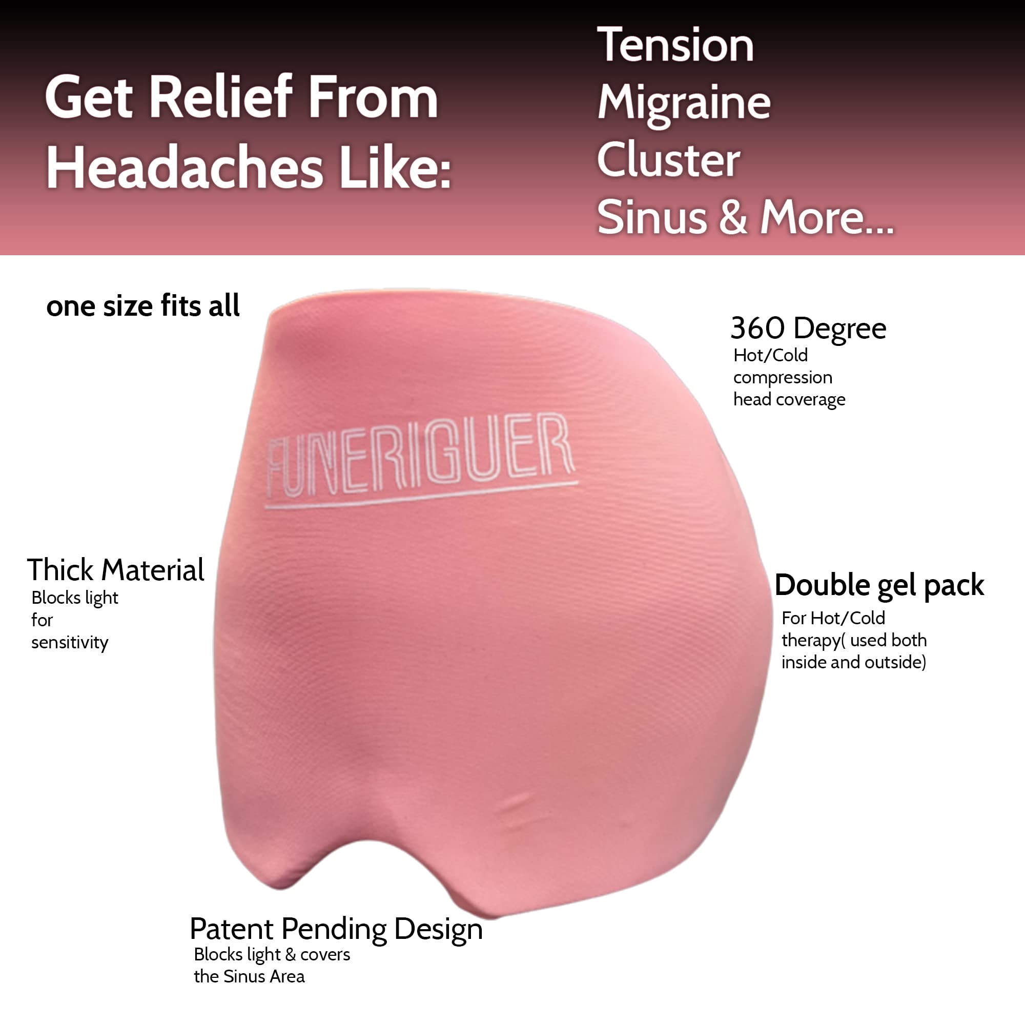 FUNERIGUER Migraine Hats - Form-Fitting Migraine Ice Head Wrap, Hat for Migraine & Headache Relief Cap, Head Ice Pack - Migraine Cap for Headaches Cold Therapy Stress Sinus Tension Relief (Pink)