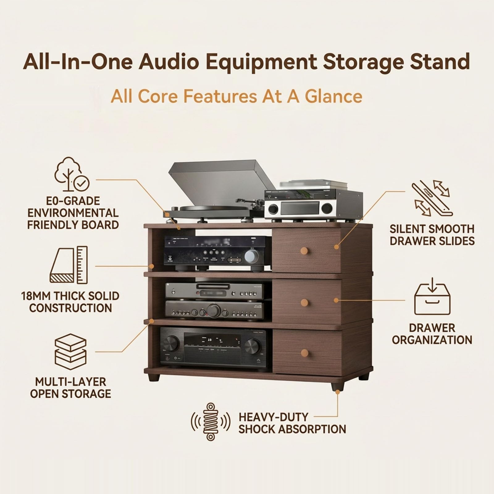 Supporto Audio, Mobile Stereo in Legno a 4 Ripiani con cassetto e Piedini ammortizzanti per Ufficio Domestico e Home Theater | Walnut