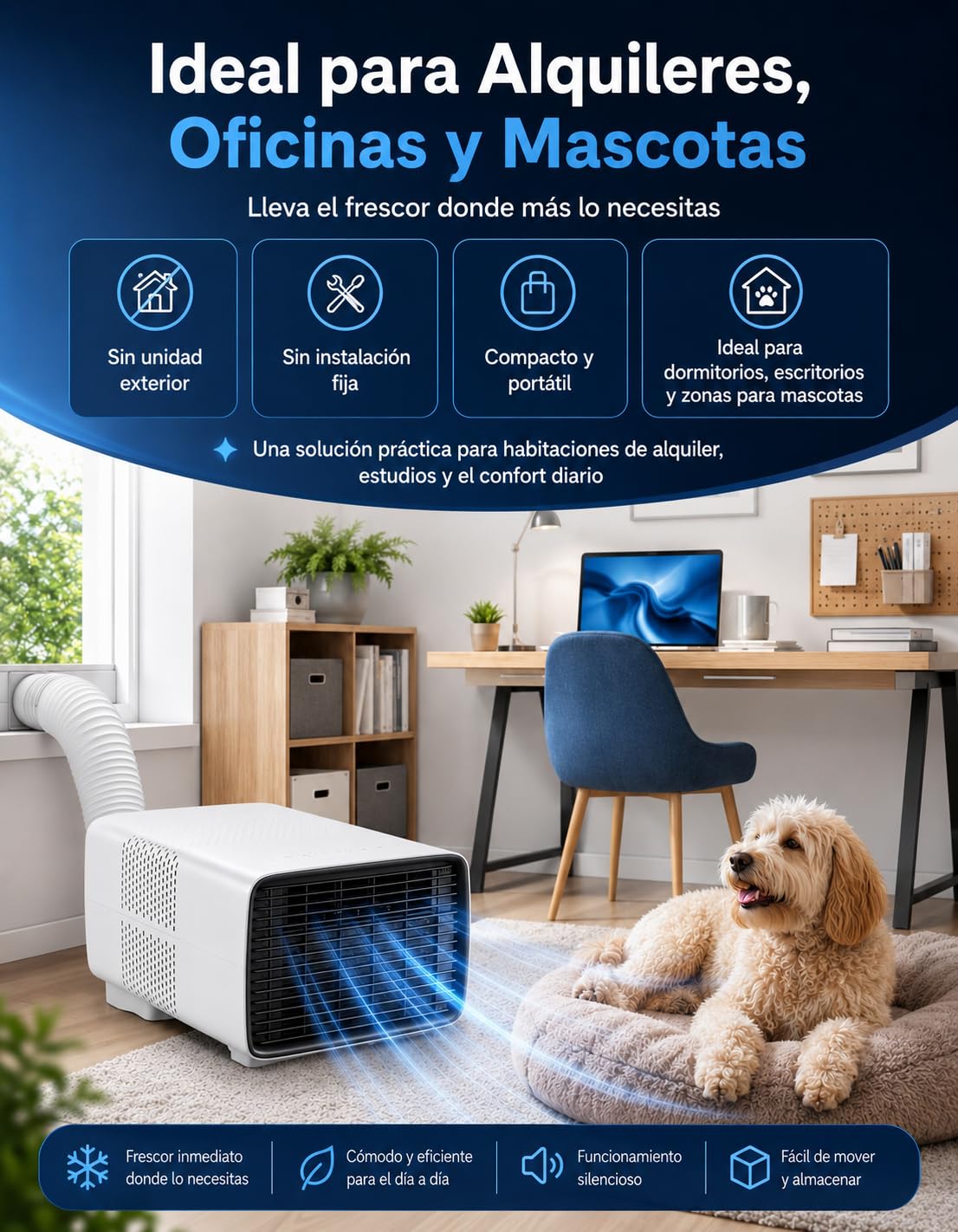 Aire Acondicionado Portátil 2700 BTU 3 en 1 para Casa y Caravana | Refrigera, deshumidifica y ventila casa y caravanas; modo noche, mando a distancia, temporizador y tubo de escape