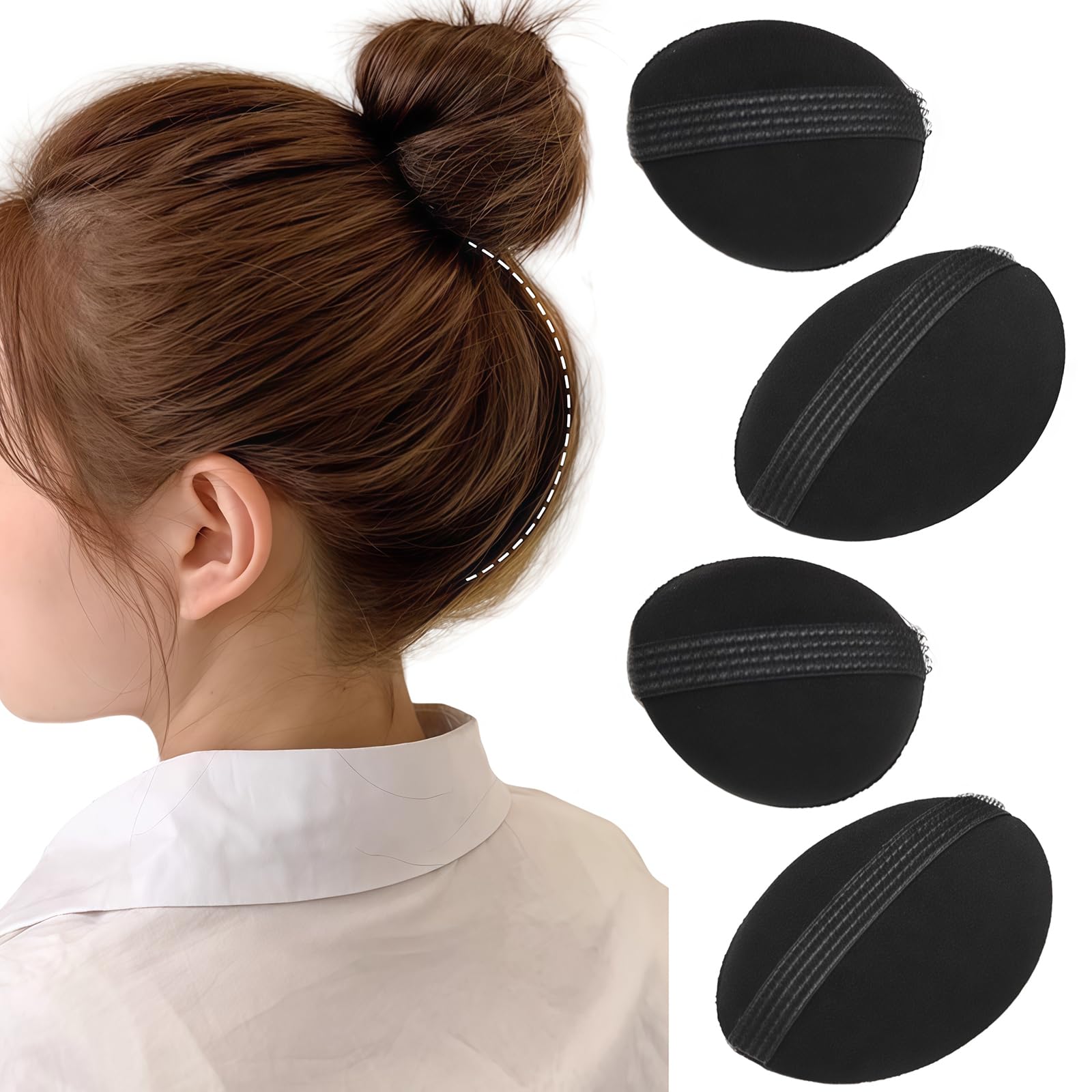 4 inserti per capelli in spugna nera, volumizzanti, soffici, per acconciature e acconciature, accessori per capelli da donna (2 grandi + 2 piccoli)