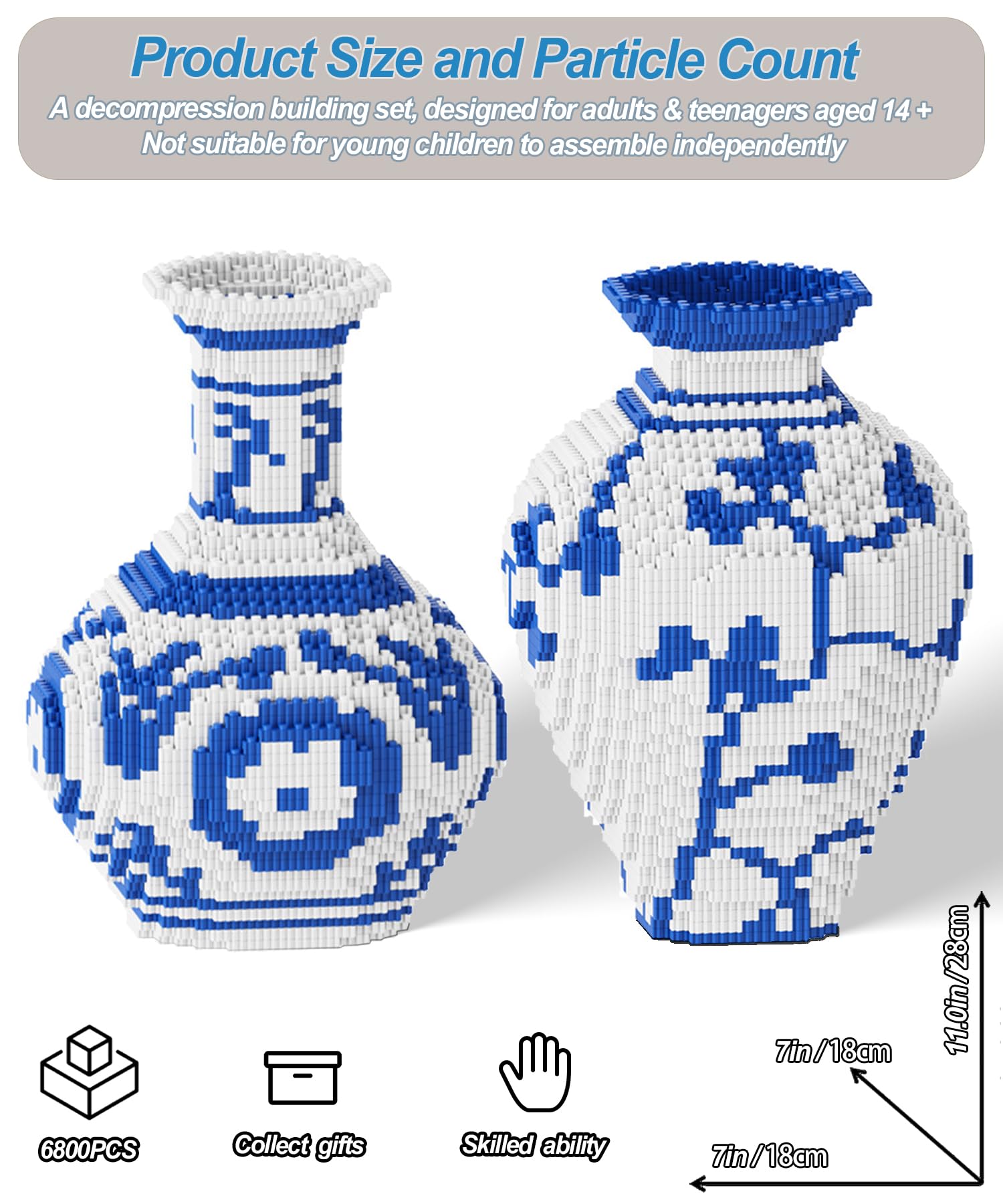 Vase Building Blocks Set, Blue & White Ceramic Style 6400PCS (2 Sets), Compatible for Lego, 7 * 7 * 11″ Creative Flower Building Kit for Home Decor, STEM Birthday Gift for Adults — view 2