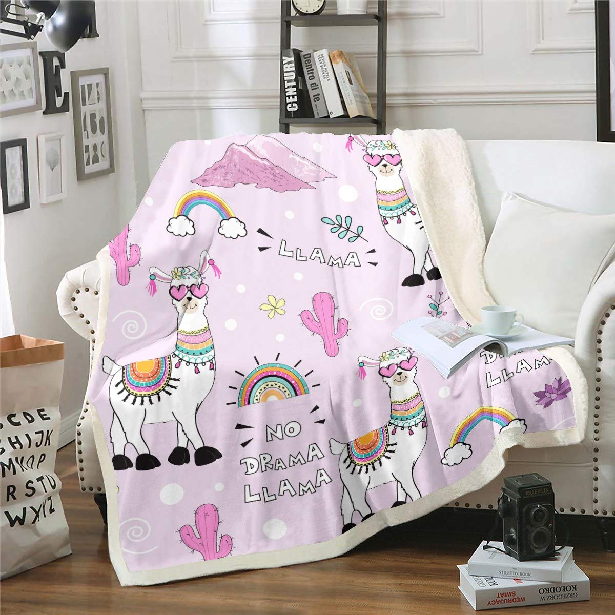 Loussiesd Llama Plush Blanket Cartoon Alpaca Printed Sherpa Blanket for Kids Girls Cactus Rainbow Fleece Throw Blanket 3D Animal Theme Fuzzy Blanket for Sofa Bed Couch Baby 30x40 Inch,Pink — image 1