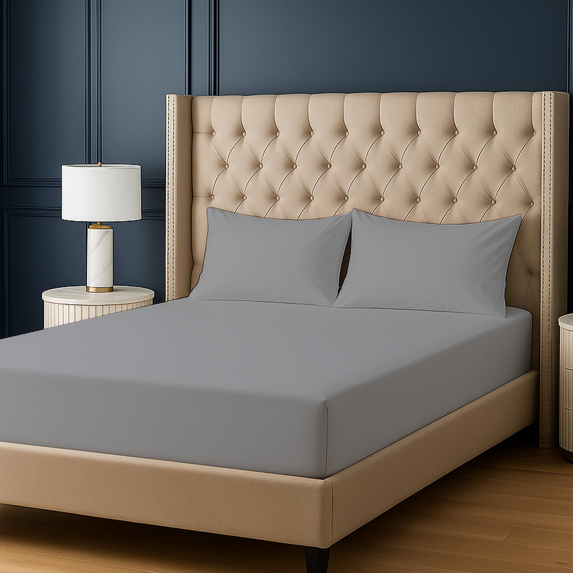 Bloombedding Grey 100% Egyptian Cotton 400Tc 3Pc King Size Fitted Sheet Set, 25Cm Deep Pocket