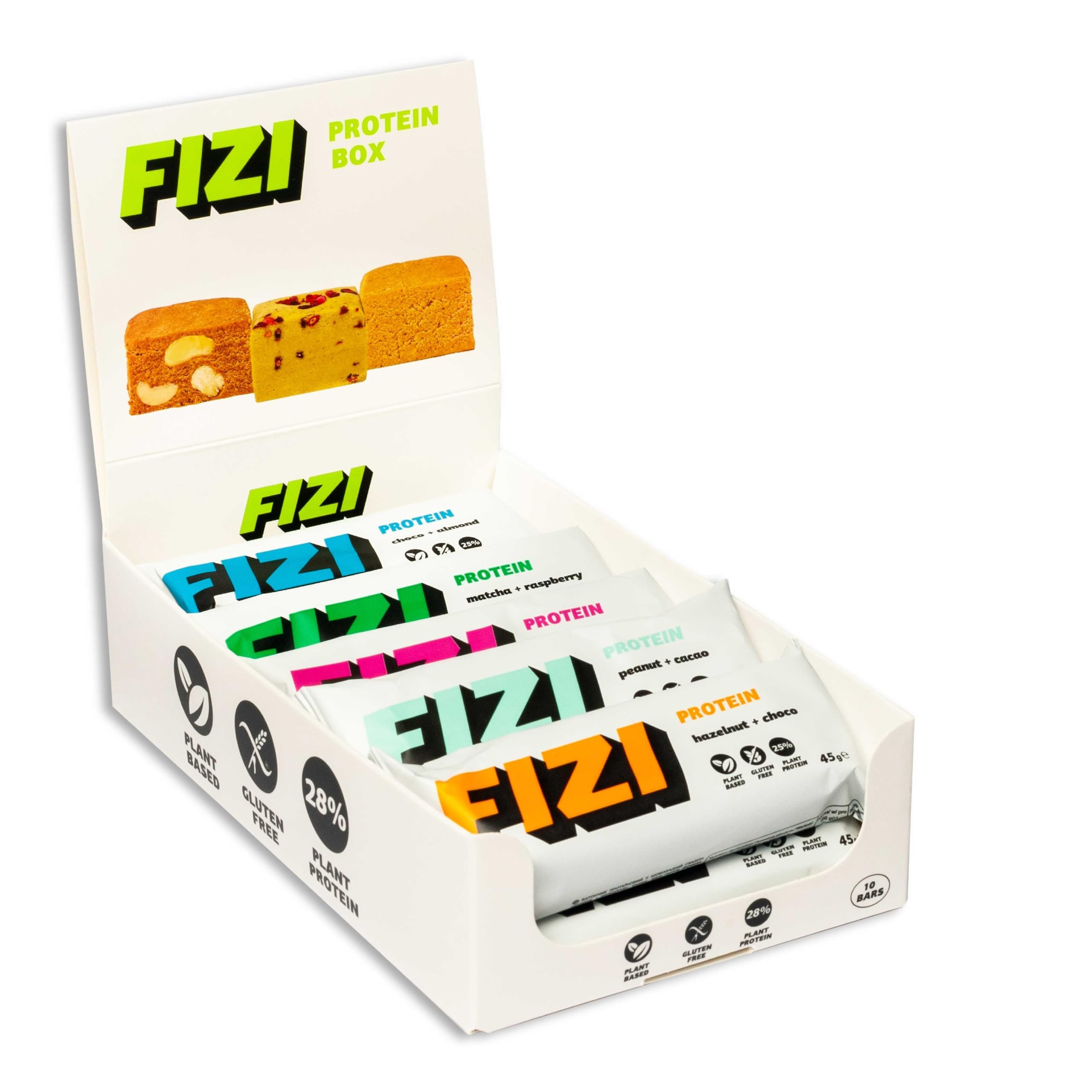 FIZI Protein Bar – Pack Variado 10 x 45 g – Barritas Proteicas con Proteína Vegana, Mínimo 11 g por Porción – Sin Gluten, Lactosa y Azúcar Añadido – Snack Proteico Surtido – Pack de Degustación