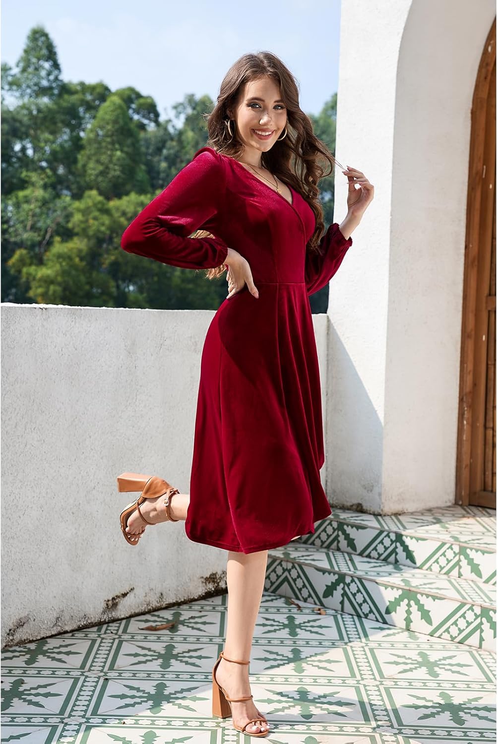 Meetjen Women's V Neck Velvet Formal Long Sleeve Dresses Flowy Fall High Low Elegant 2025 Midi Winter Cocktail Party Dress - Image 4