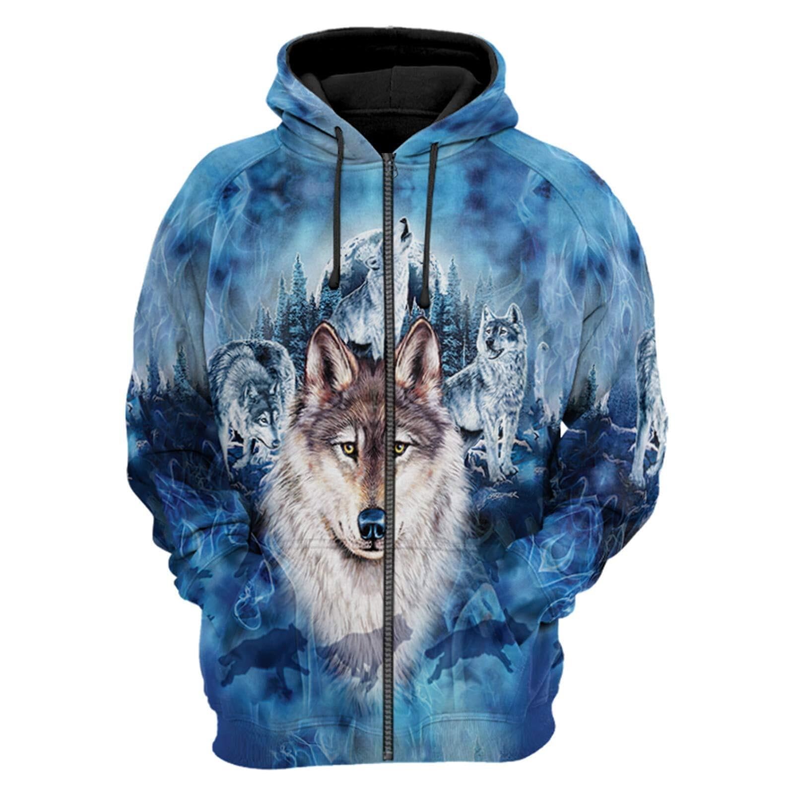 3D Printed Hoodies Mens Zip Up Hoodie Animal Novelty Hoodie Wolf Harajuku Streetwear Unisex Casual Jacket Tracksuits(Zip,4XL)