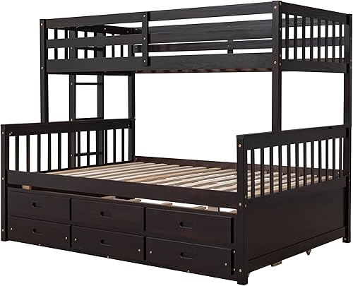 Miniatura 4 de Litera individual sobre matrimonial con nido y 3 cajones de almacenamiento marco de litera de madera maciza con escalera se puede separar en 3 camas